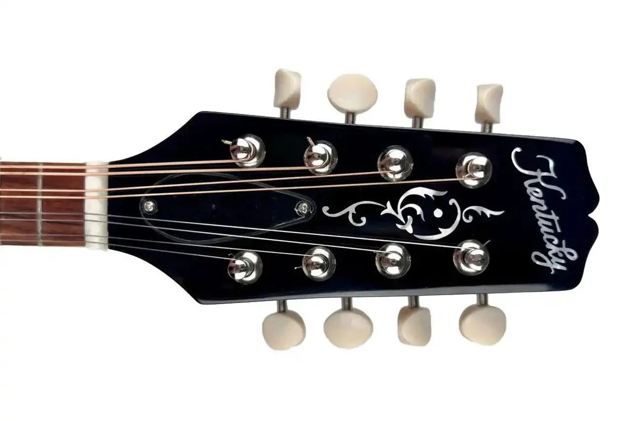 Kentucky KM-270 mandolin headstock with black finish, white logo, mother-of-pearl inlay, and nickel tuners.