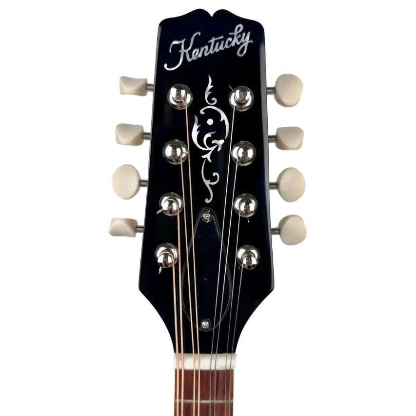 Kentucky KM-270 mandolin headstock with black finish, white logo, mother-of-pearl inlay, and nickel tuners.