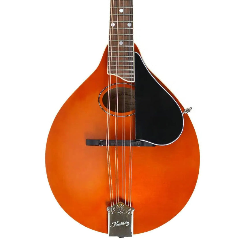 Kentucky KM-272 Amber Deluxe A-Model Mandolin with oval hole, black pickguard, and engraved tailpiece.
