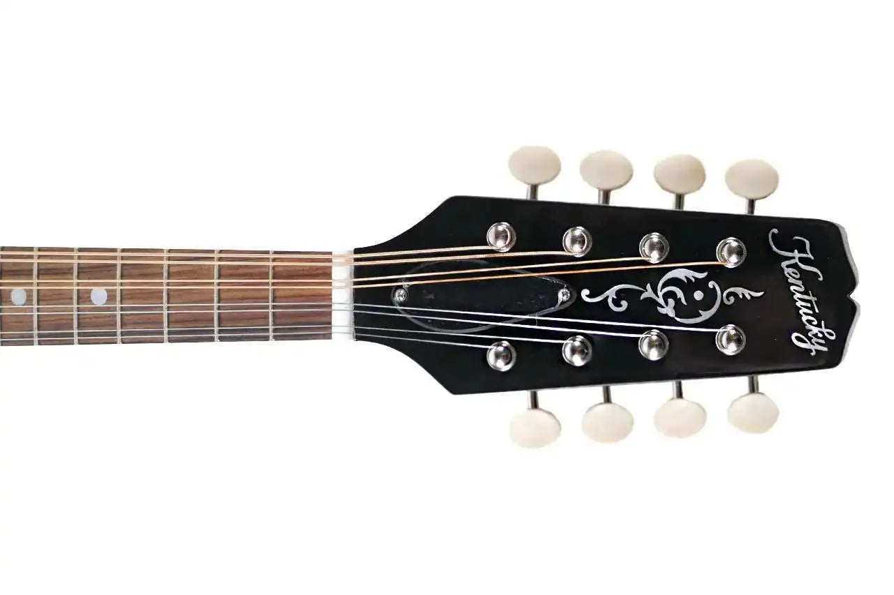 Kentucky KM-272 A-Model mandolin headstock with black finish, white tuning pegs, and engraved logo.