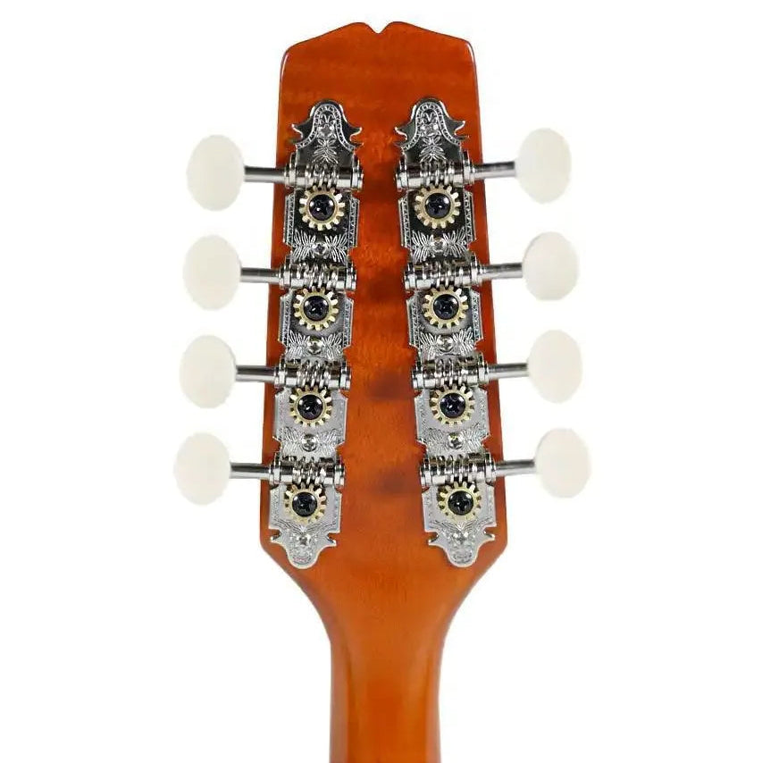 Kentucky KM-272 Amber A-Model Mandolin headstock with nickel-plated tuners and white buttons.