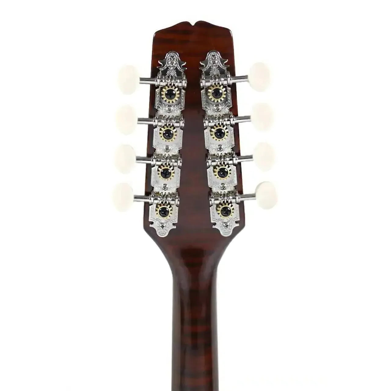 Kentucky KM-276 A-Model mandolin headstock with transparent brown finish, nickel tuners, and white buttons.