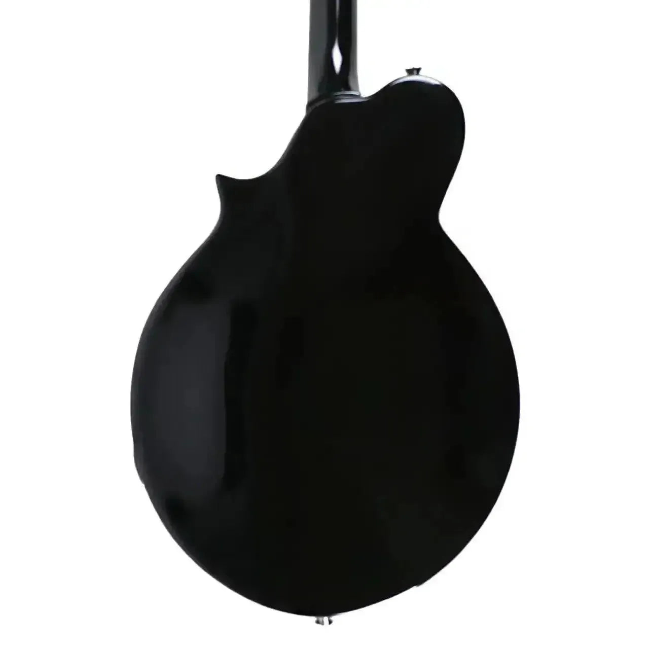 Back of a Kentucky KM-300E 4-string electric mandolin with a high-gloss black finish and solid basswood body.