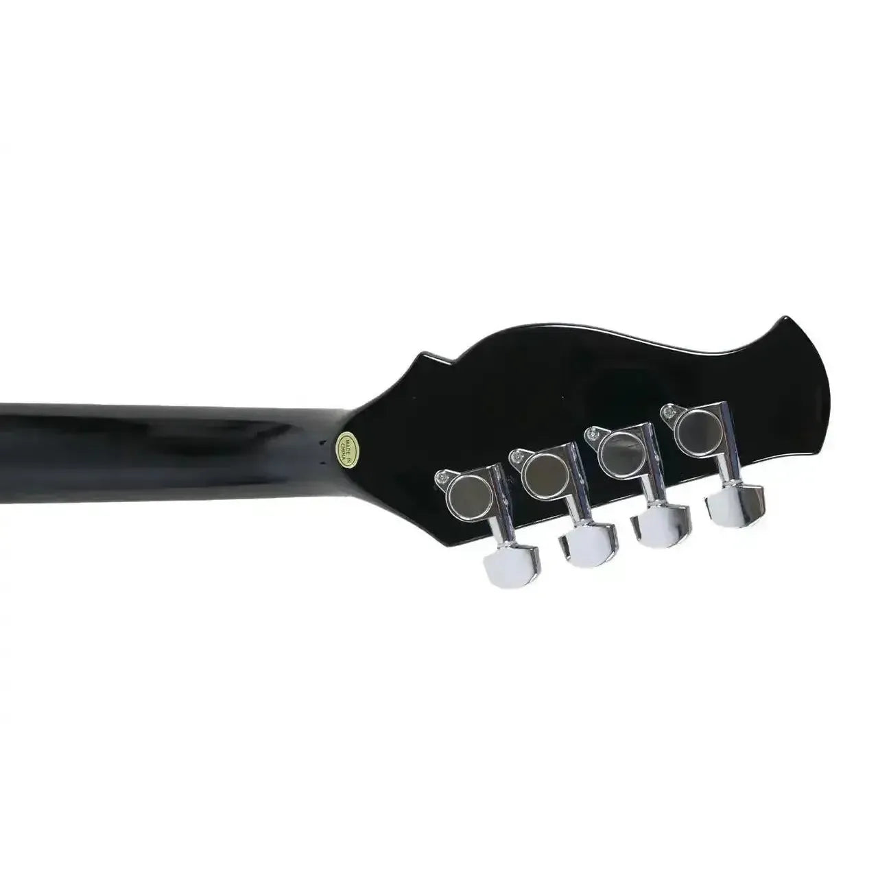 Back of a black Kentucky KM-300E electric mandolin headstock with four chrome tuning machines.