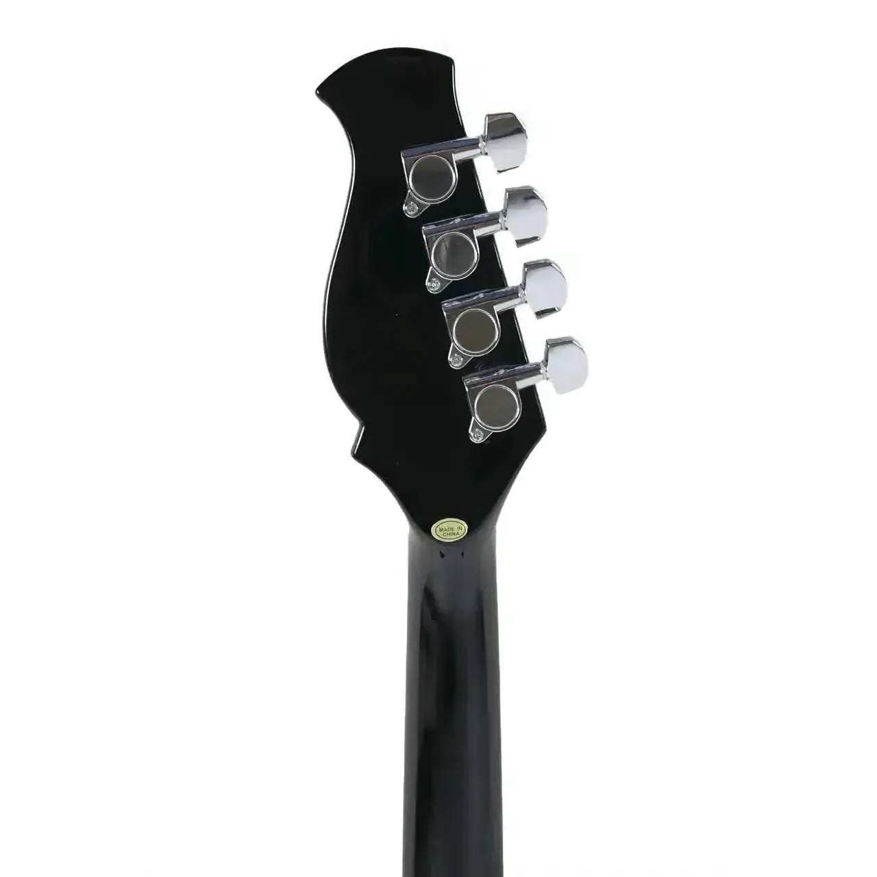 Back of a black Kentucky KM-300E electric mandolin headstock with four chrome tuning machines.