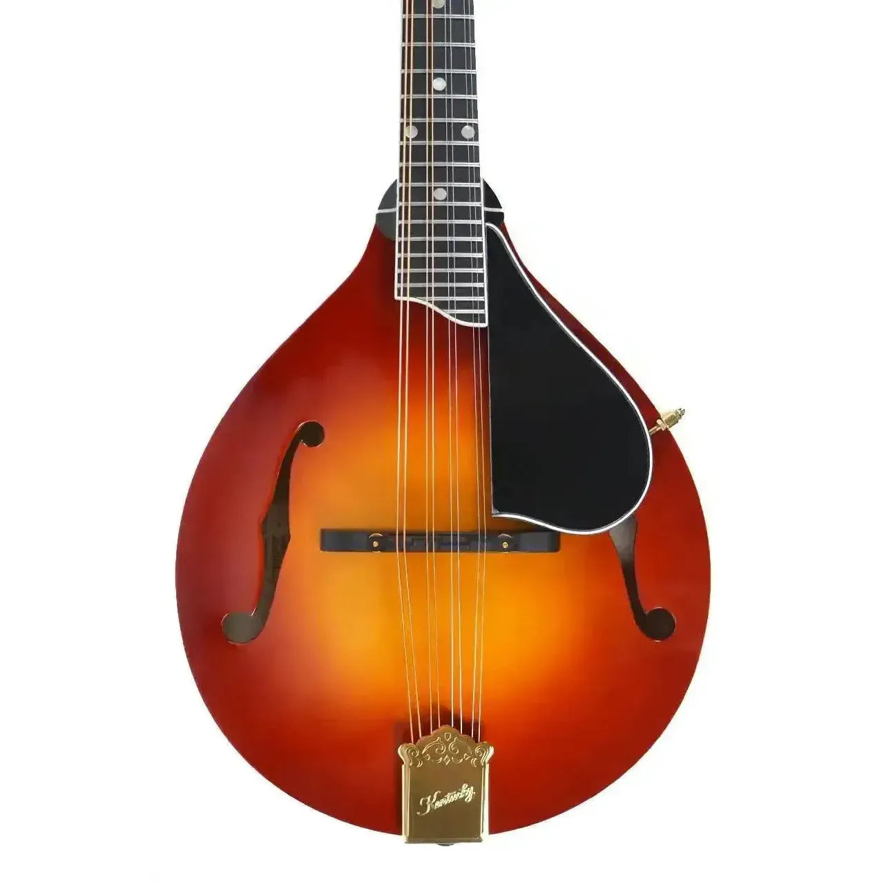 Kentucky KM-505 A-Model mandolin with amberburst finish, F-holes, black pickguard, and gold tailpiece.