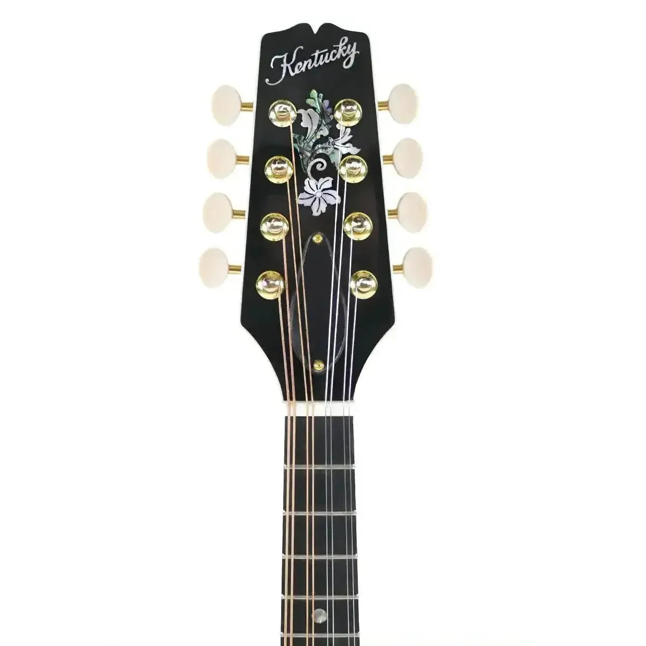 Kentucky KM-505 mandolin headstock with abalone logo, mother-of-pearl inlay, and ivoroid tuner buttons.