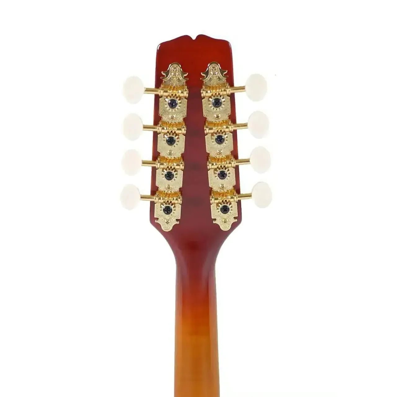 Kentucky KM-505 mandolin headstock with amberburst finish, gold-plated tuners, and ivoroid buttons.