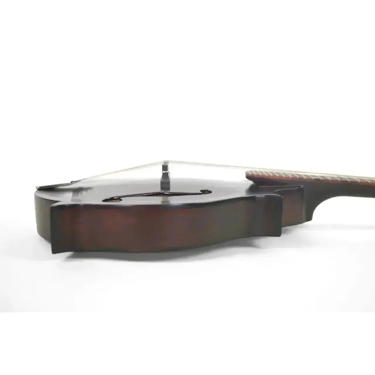 Kentucky KM-606 F-Model mandolin in satin brown, showing the body, f-holes, and part of the neck.