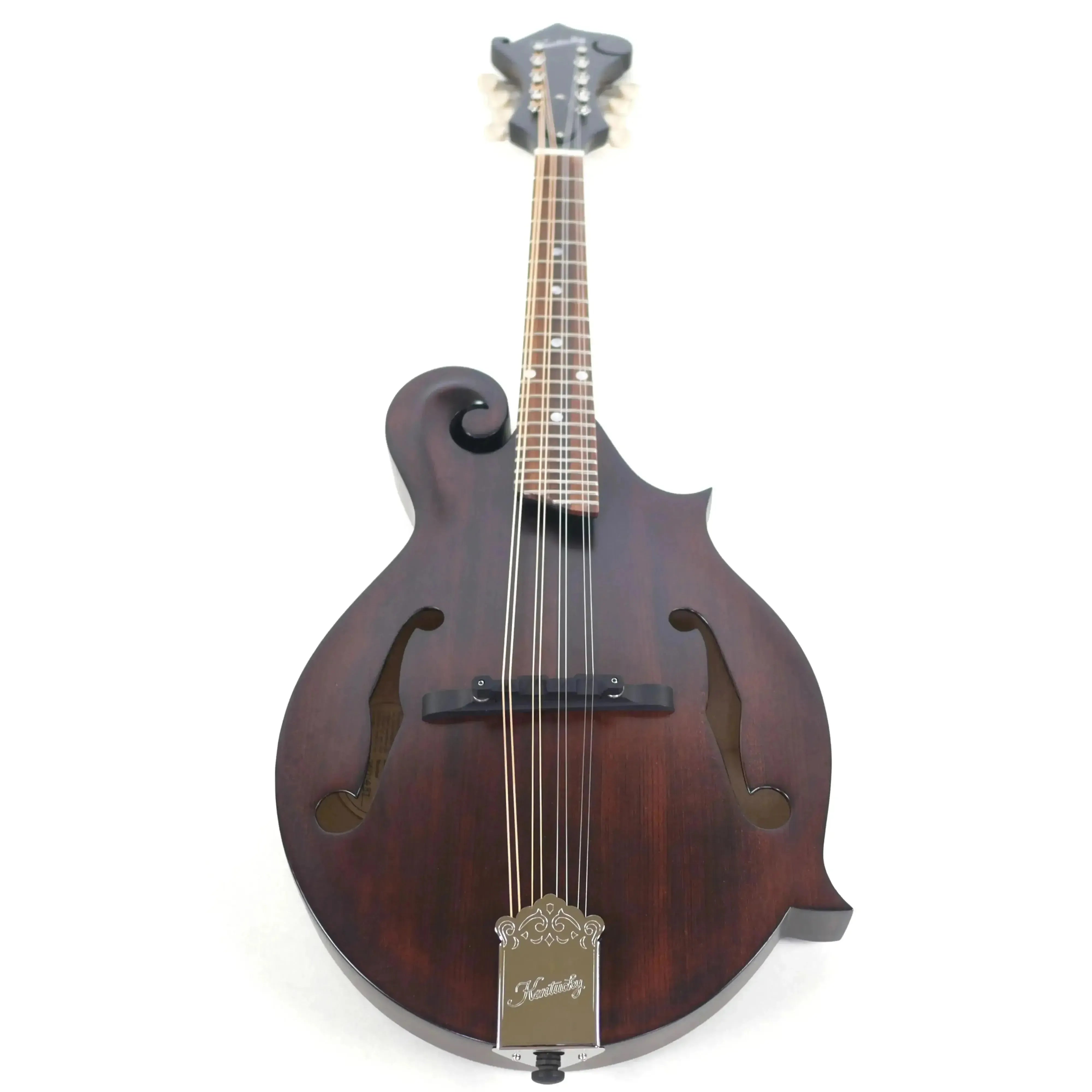Kentucky KM-606 F-Model mandolin in satin brown with f-holes and engraved tailpiece.