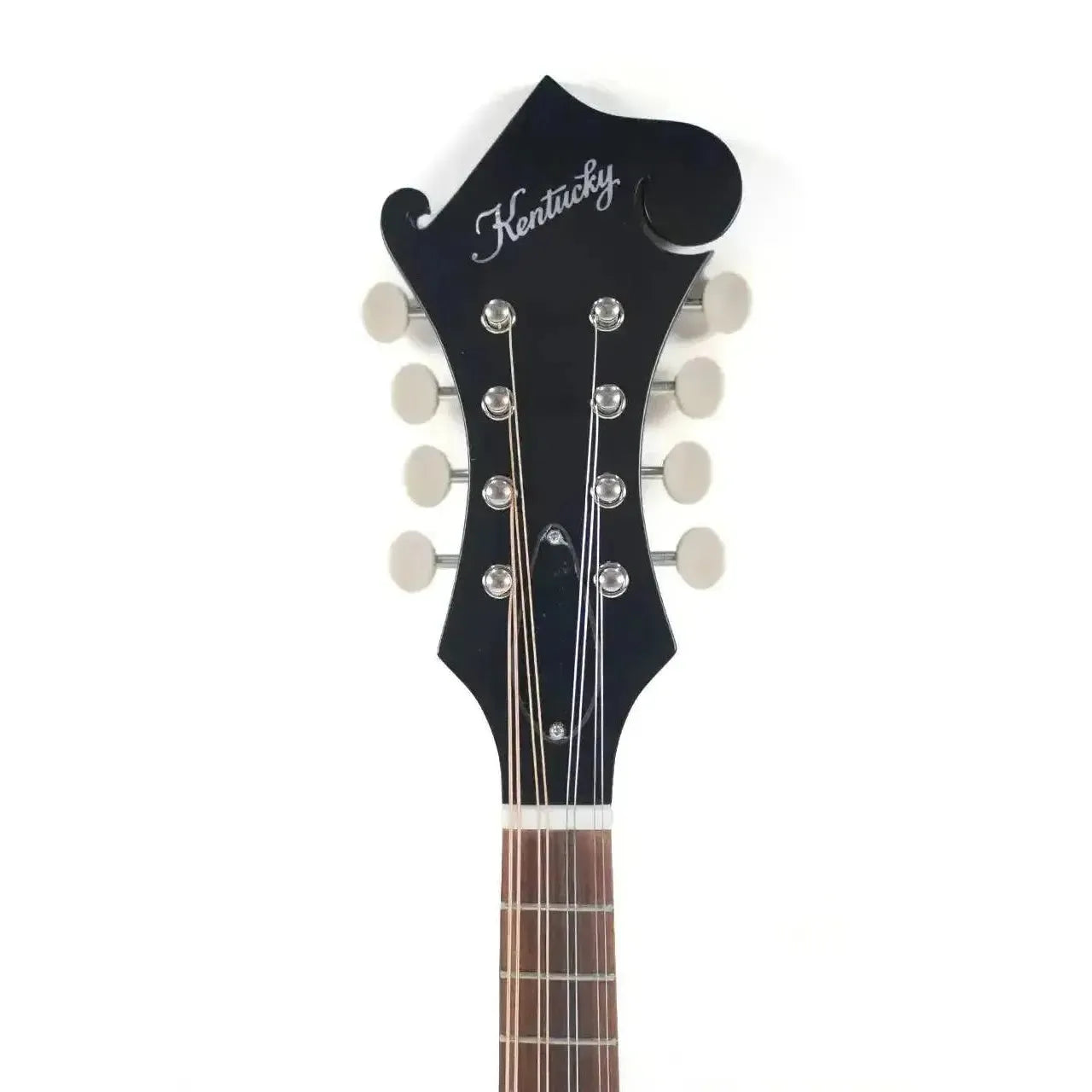 Kentucky KM-606 F-Model mandolin headstock with black finish, white tuners, and "Kentucky" logo.