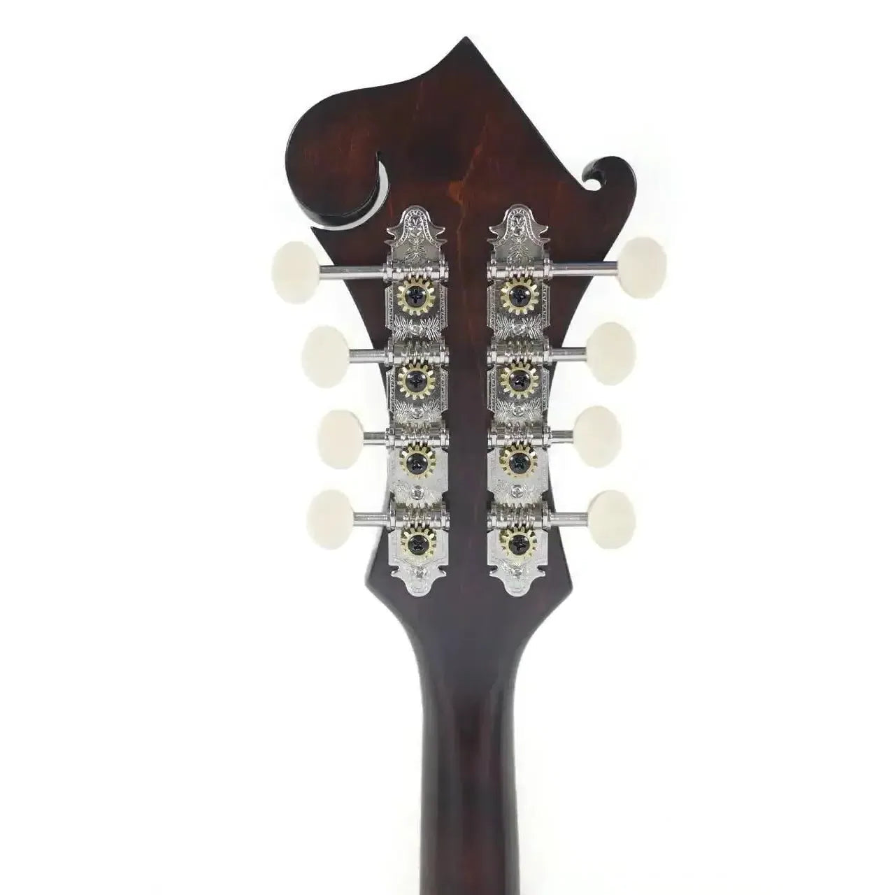 Back of a Kentucky KM-606 F-Model mandolin headstock with satin brown finish and nickel-plated tuners.