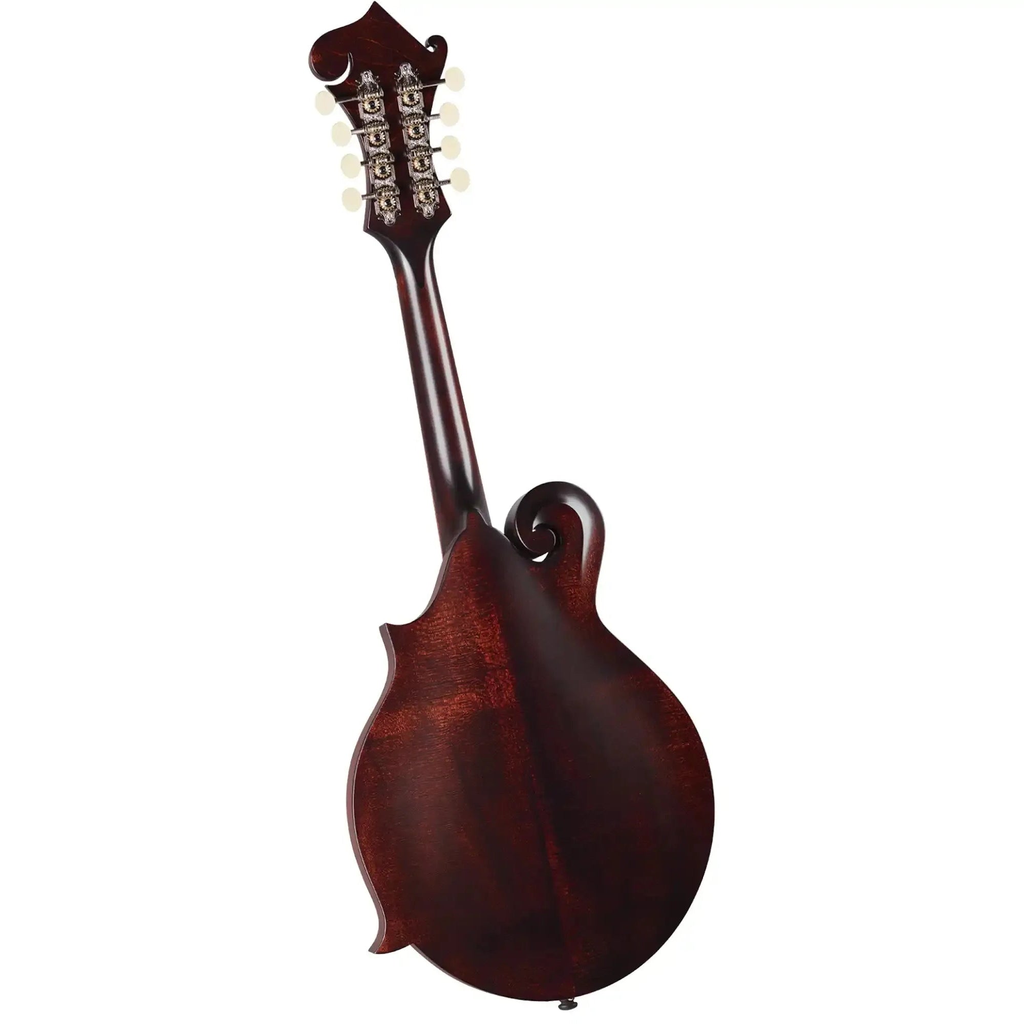 Kentucky KM-626 F-Model mandolin, back view, satin brown finish, scroll, and headstock with tuners.
