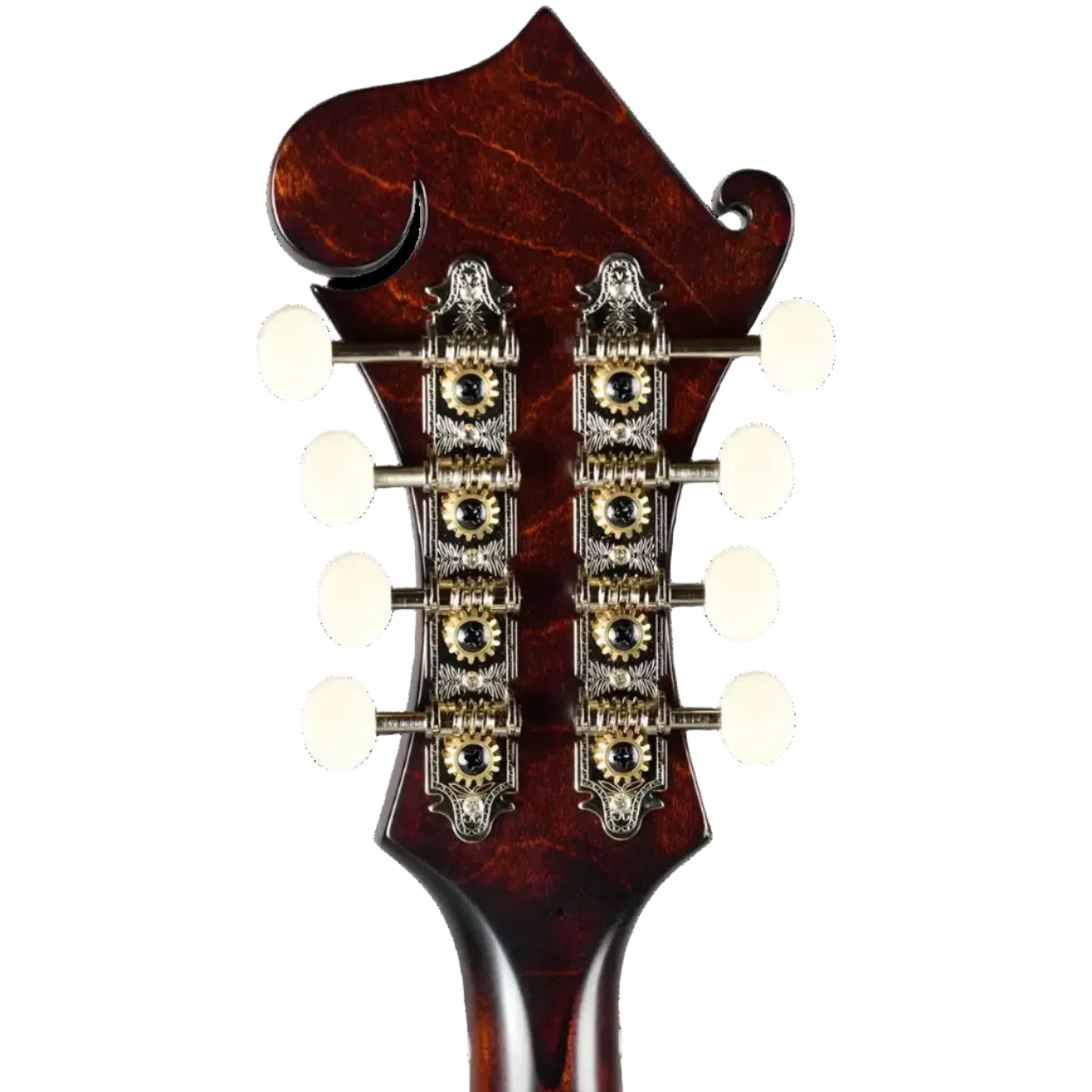 Kentucky KM-626 F-Model mandolin headstock with satin brown finish, ornate tuners, and white buttons.