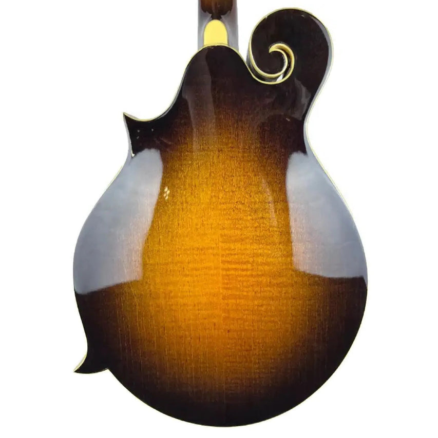 Back of a Kentucky KM-650 F-Model mandolin with traditional sunburst finish and white binding.