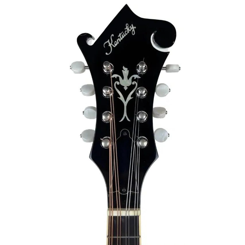 Kentucky mandolin headstock with black finish, mother-of-pearl inlays, and nickel-plated tuners.