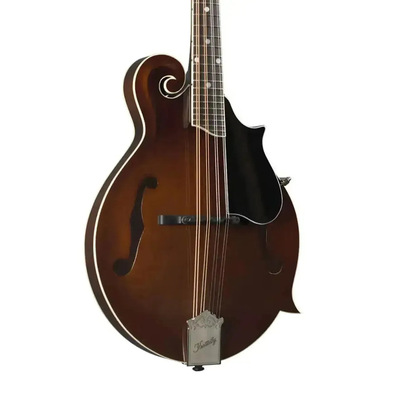 Kentucky KM-656 F-Model mandolin with a high-gloss transparent brown finish, f-holes, and black pickguard.