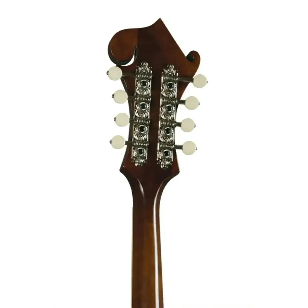 Kentucky KM-656 F-Model mandolin headstock with brown finish and chrome tuners.