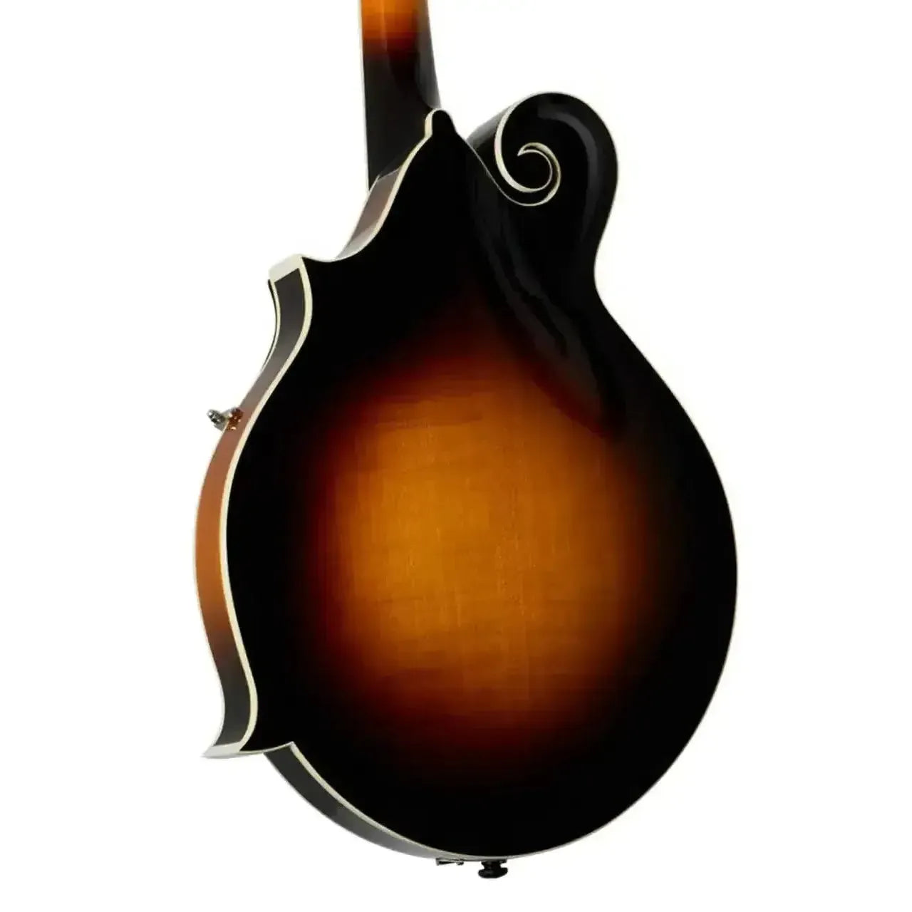 Back of Kentucky KM-670 F-Model mandolin with traditional sunburst finish, Alpine maple, and high-gloss.