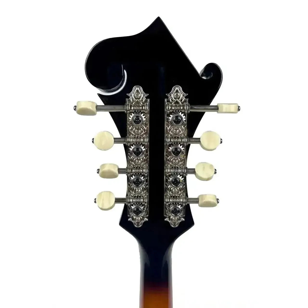 Back of Kentucky KM-670 F-Model mandolin headstock with nickel-plated tuners and white buttons.