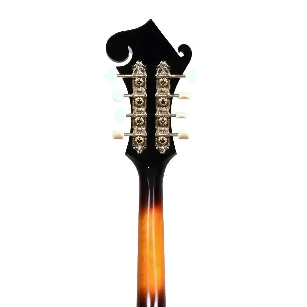 Kentucky KM-750 F-Model mandolin headstock with black finish, gold tuners, and sunburst neck.