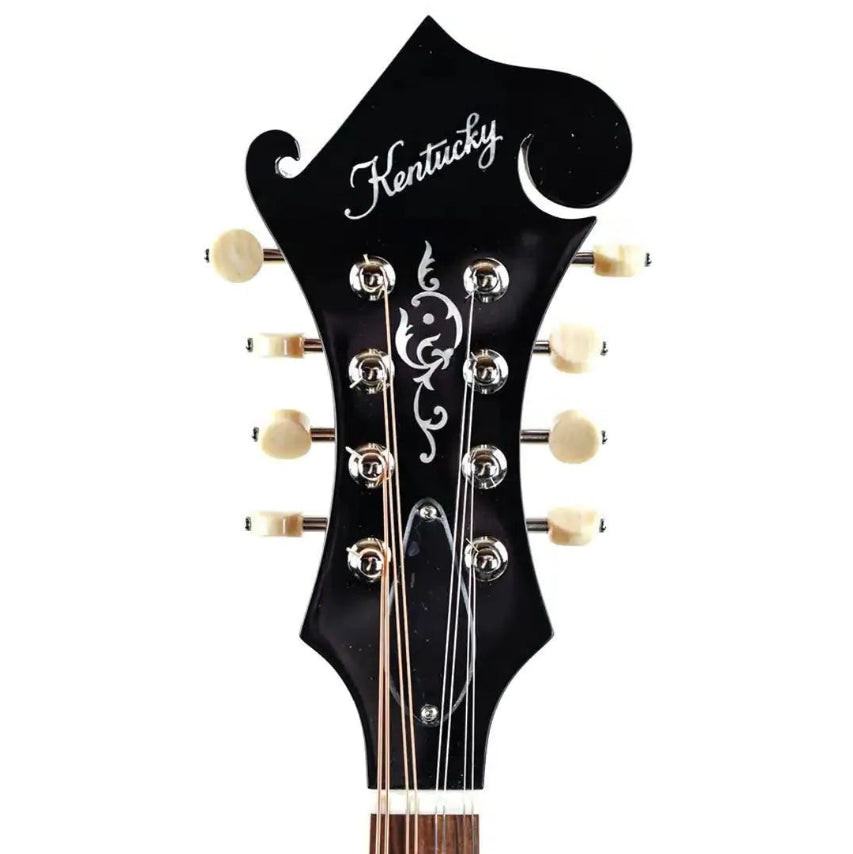 Kentucky KM-752 mandolin headstock with black finish, mother-of-pearl inlay, and cream tuning pegs.
