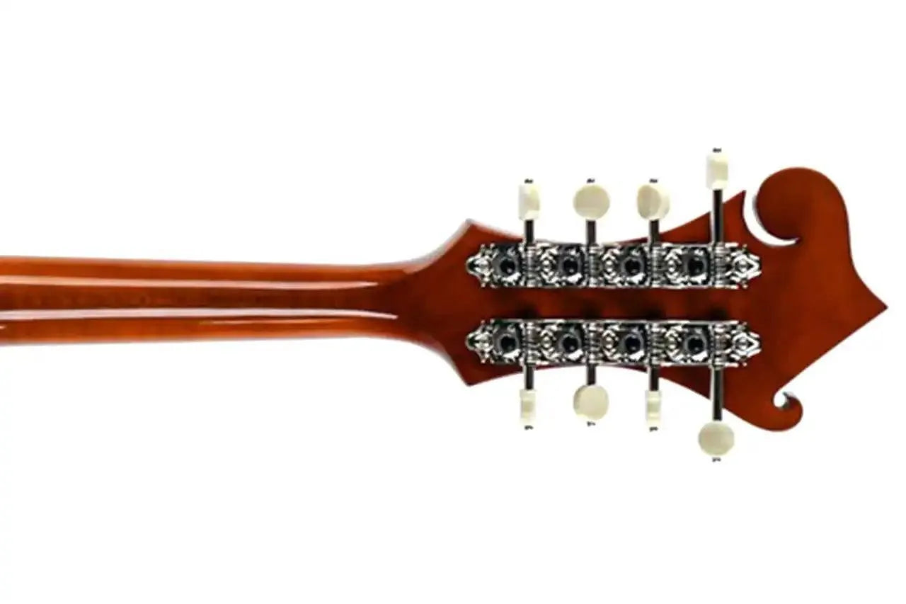 Kentucky KM-752 Amber F-Model mandolin headstock with mother-of-pearl inlay and tuning machines.