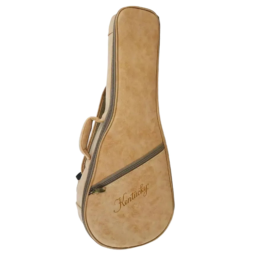 Kentucky mandolin gig bag in tan with embroidered logo and zipper pocket.