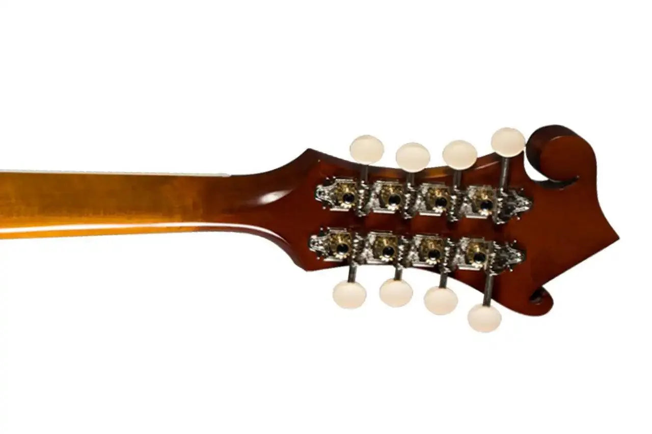 Back of a Kentucky KM-755 F-Model mandolin headstock with amberburst finish and white tuning pegs.