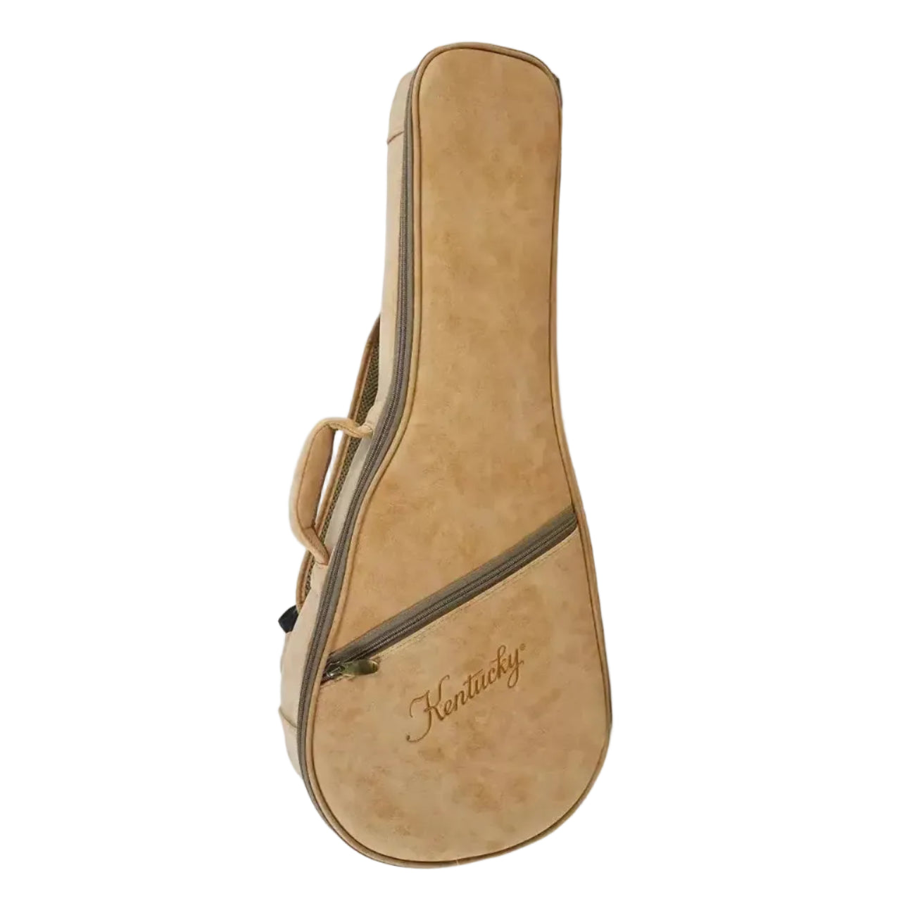 Kentucky mandolin gig bag in tan with embroidered logo and zipper pocket.