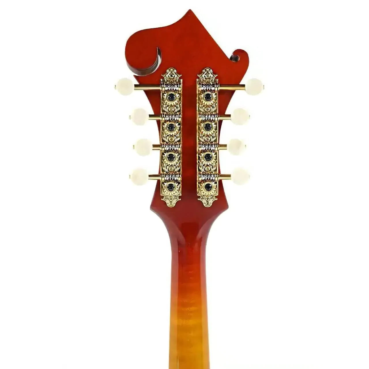 Kentucky KM-855 Amberburst F-Model Mandolin headstock with gold tuners and cream buttons.