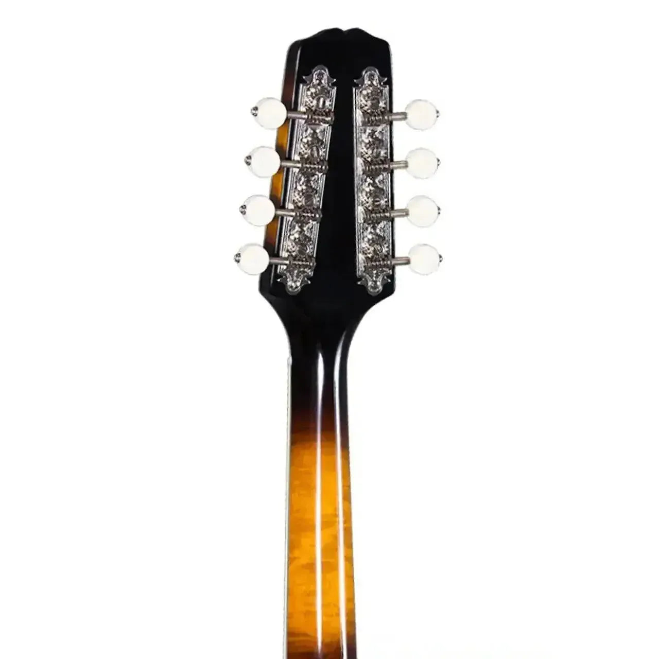 Kentucky KM-900 A-Model mandolin headstock and neck, tobacco sunburst finish, white tuning pegs.