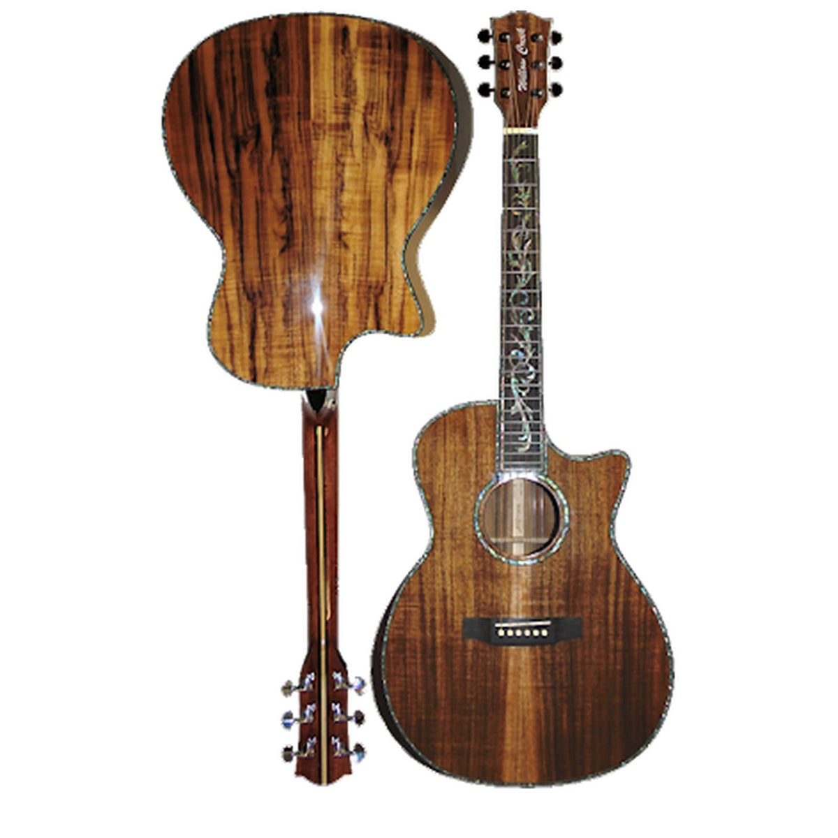 Willow Creek FX-SGKKY Koa Elite cutaway grand auditorium guitar, front and back both in figured koa with abalone binding.