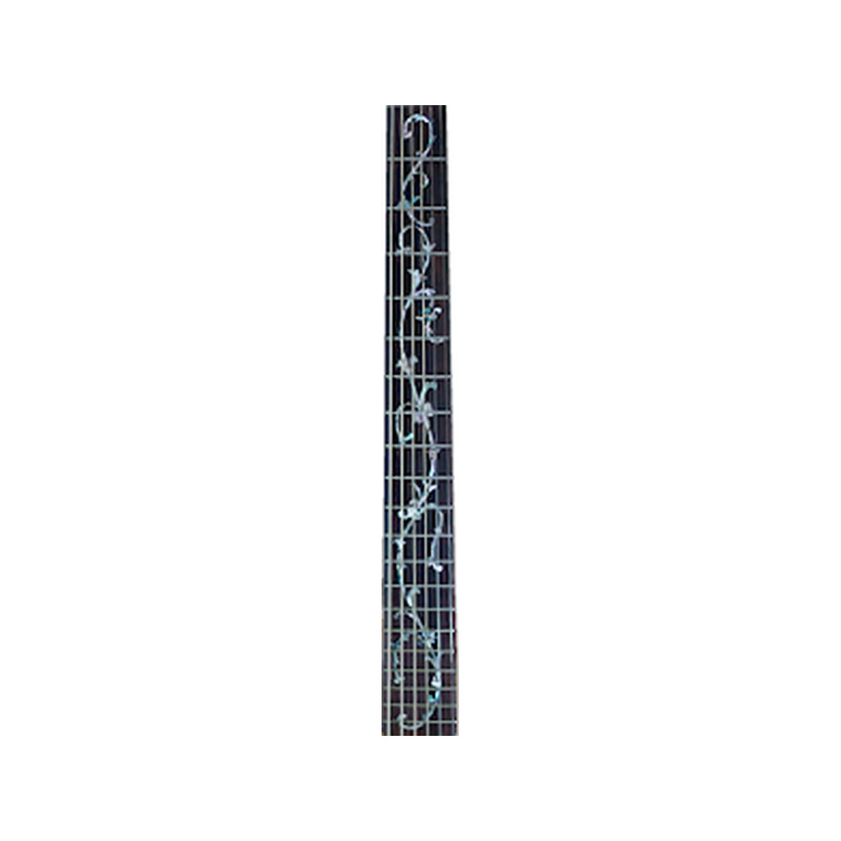 Pearl and abalone tree of life inlay on the ebony fretboard of the Willow Creek Koa Elite.