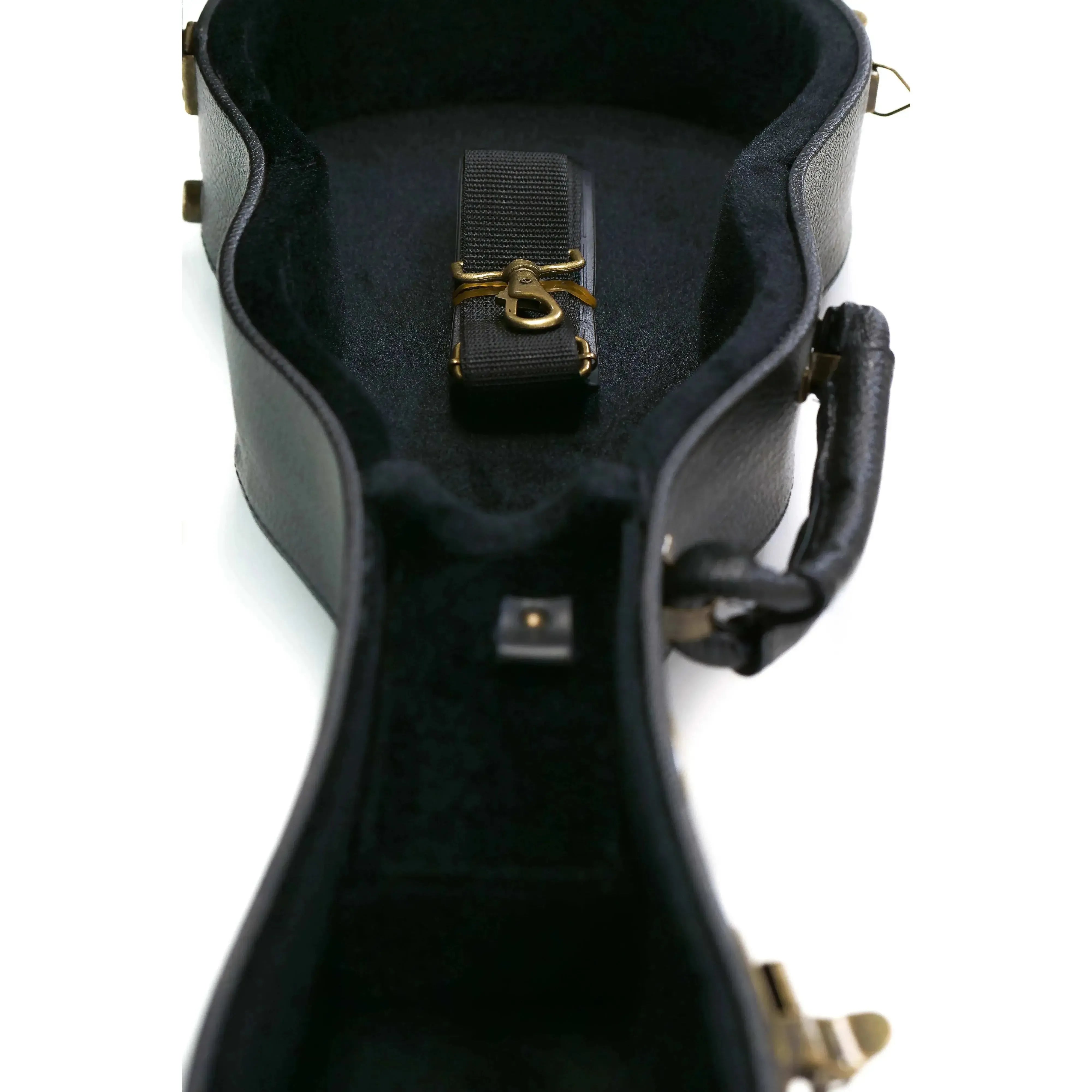KoAloha black tolex wood archtop concert ukulele hardshell case with plush interior and brass hardware.