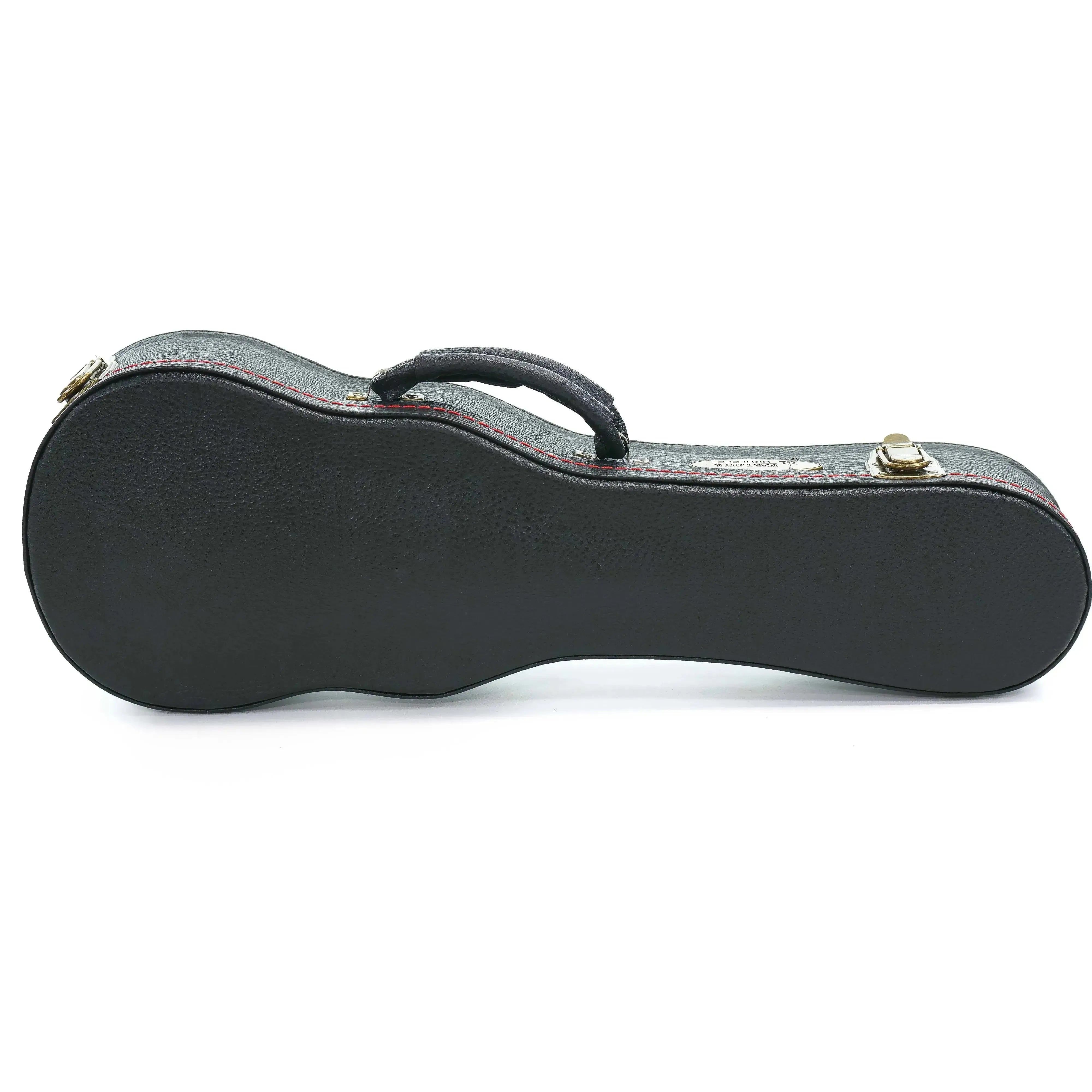 KoAloha black hardshell soprano longneck ukulele case with red stitching and brass latches.
