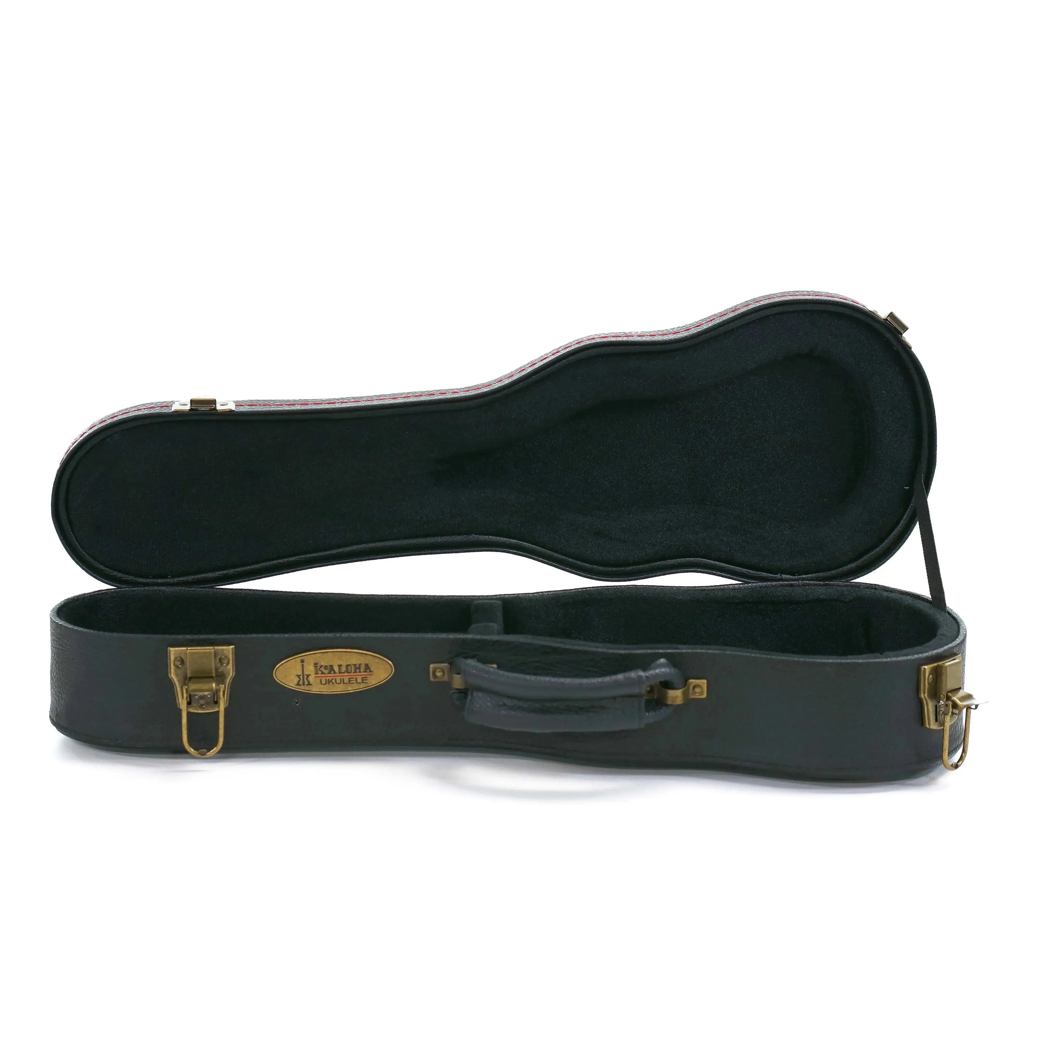 KoAloha black wood archtop hardshell soprano longneck ukulele case with brass latches and plush interior.