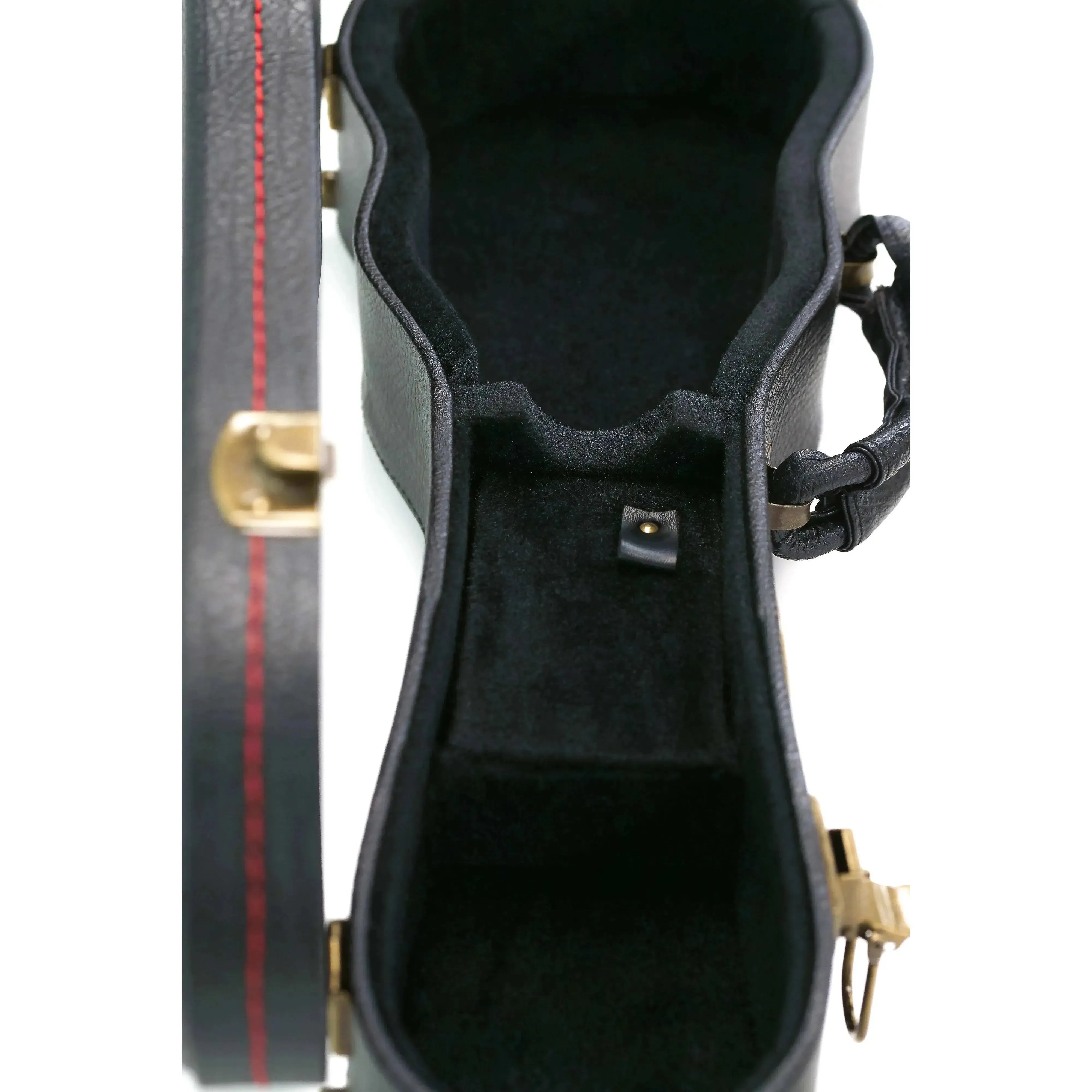 KoAloha black hardshell soprano longneck ukulele case with brass latches and plush interior.