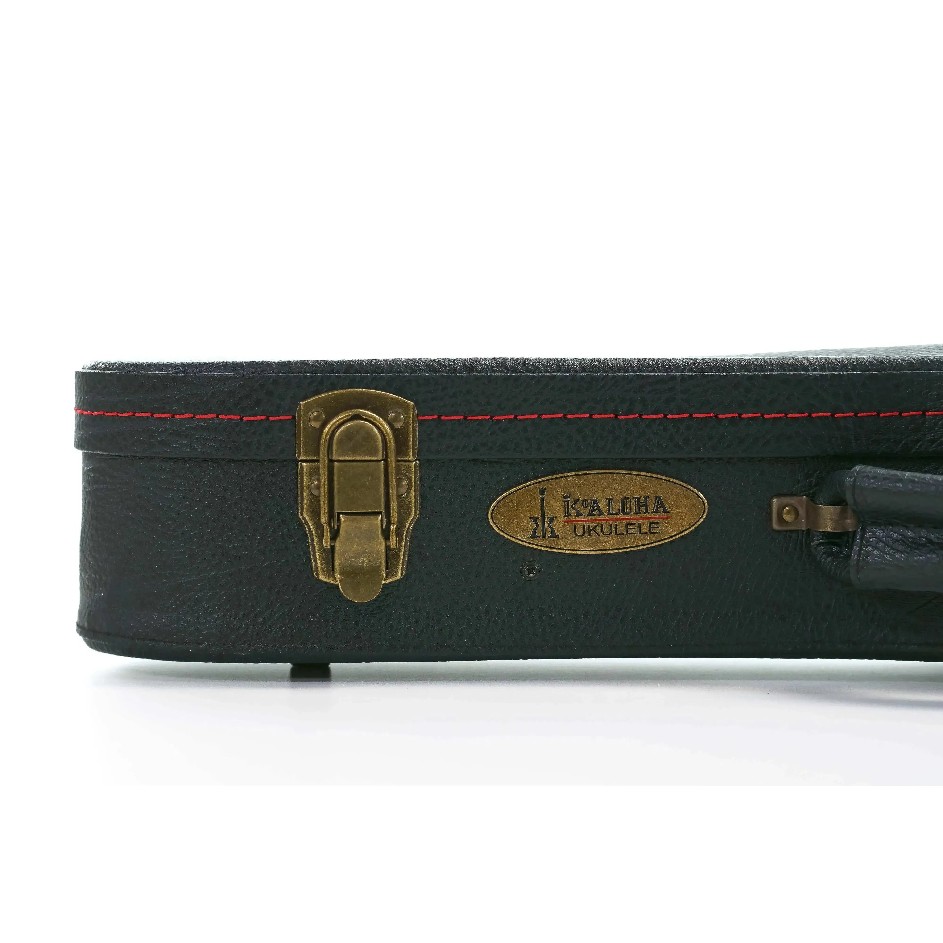 KoAloha black tolex hardshell soprano longneck ukulele case with vintage brass latch and logo.