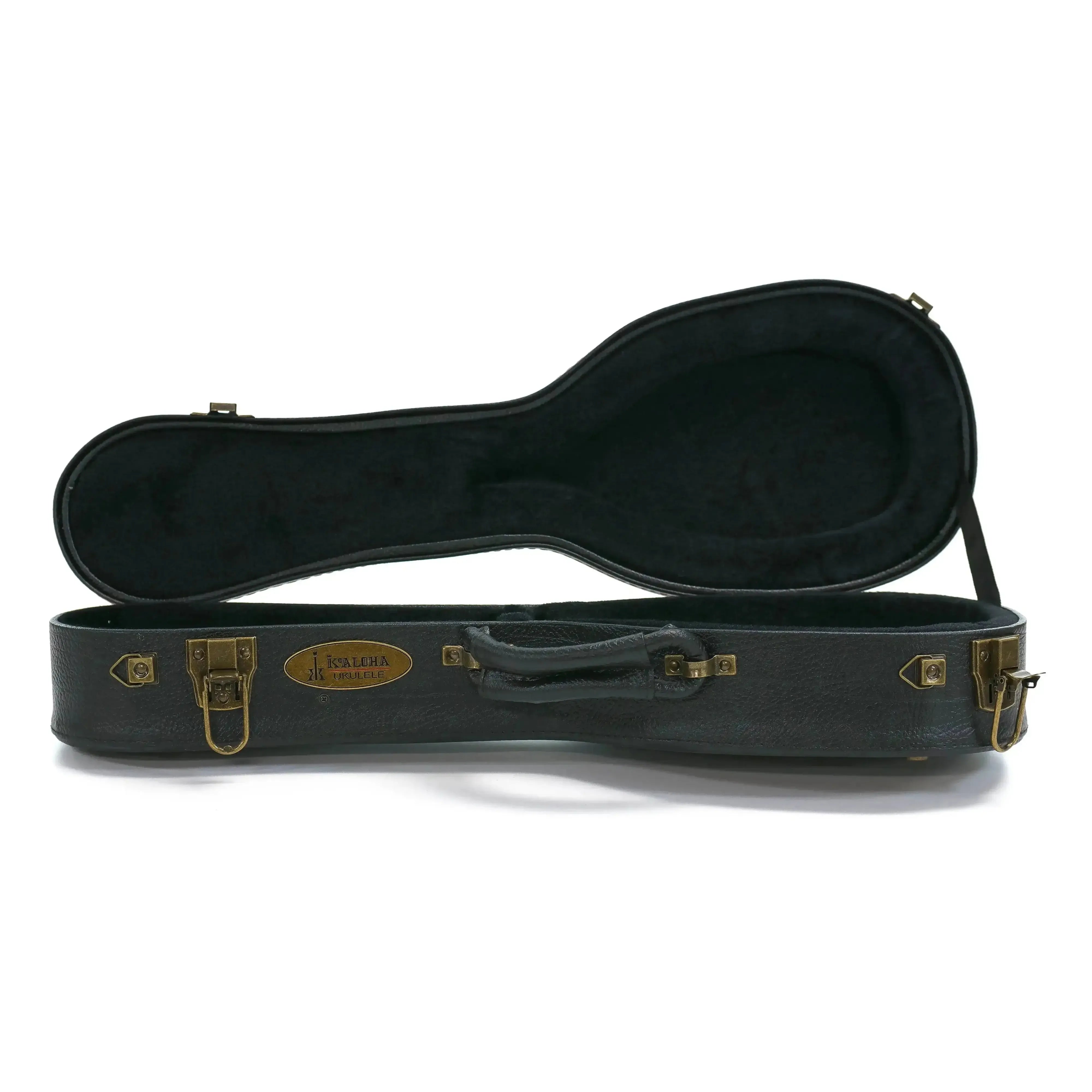 KoAloha black tolex hardshell soprano pineapple longneck ukulele case, open with plush interior.