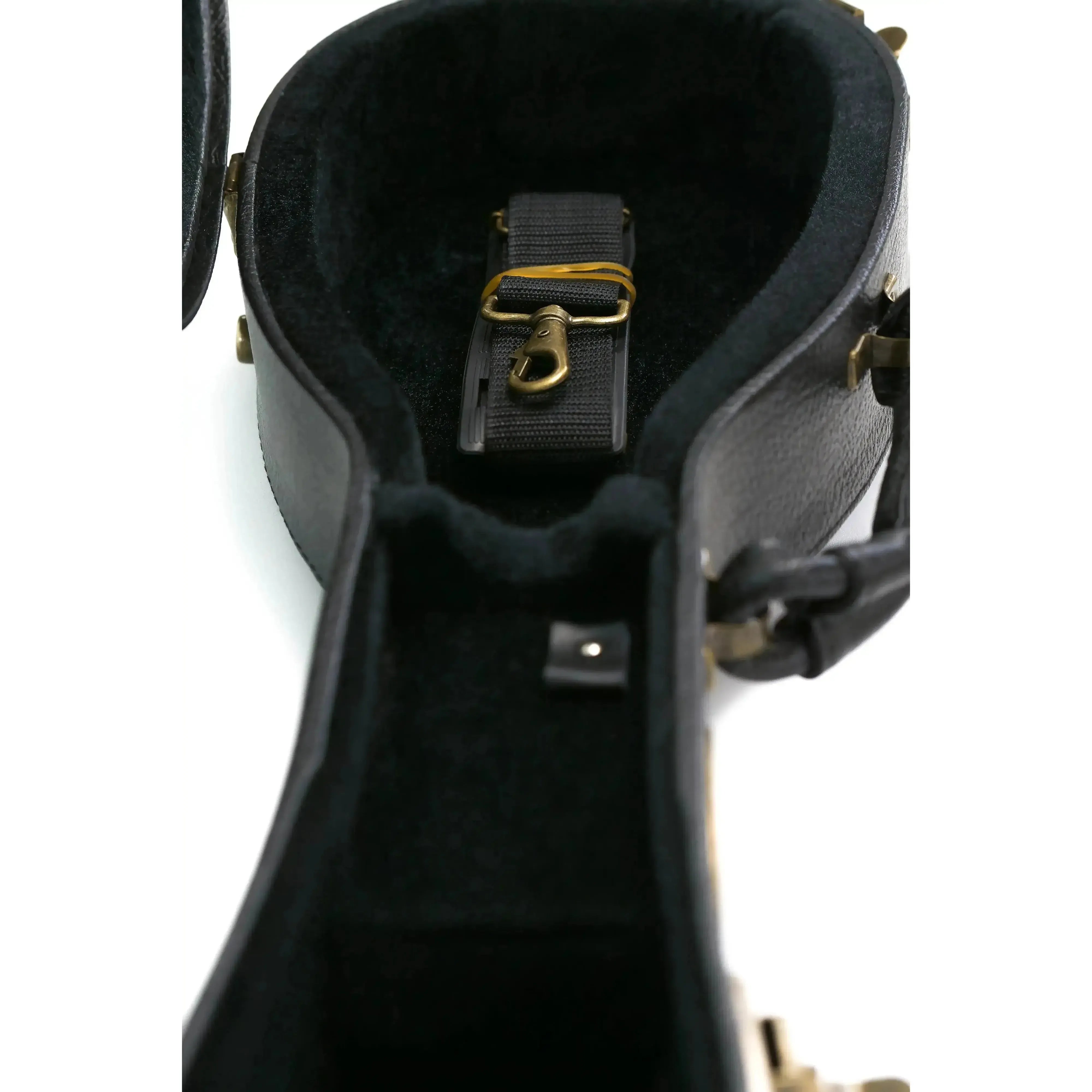 KoAloha black tolex hardshell soprano pineapple longneck ukulele case with plush interior and brass latches.
