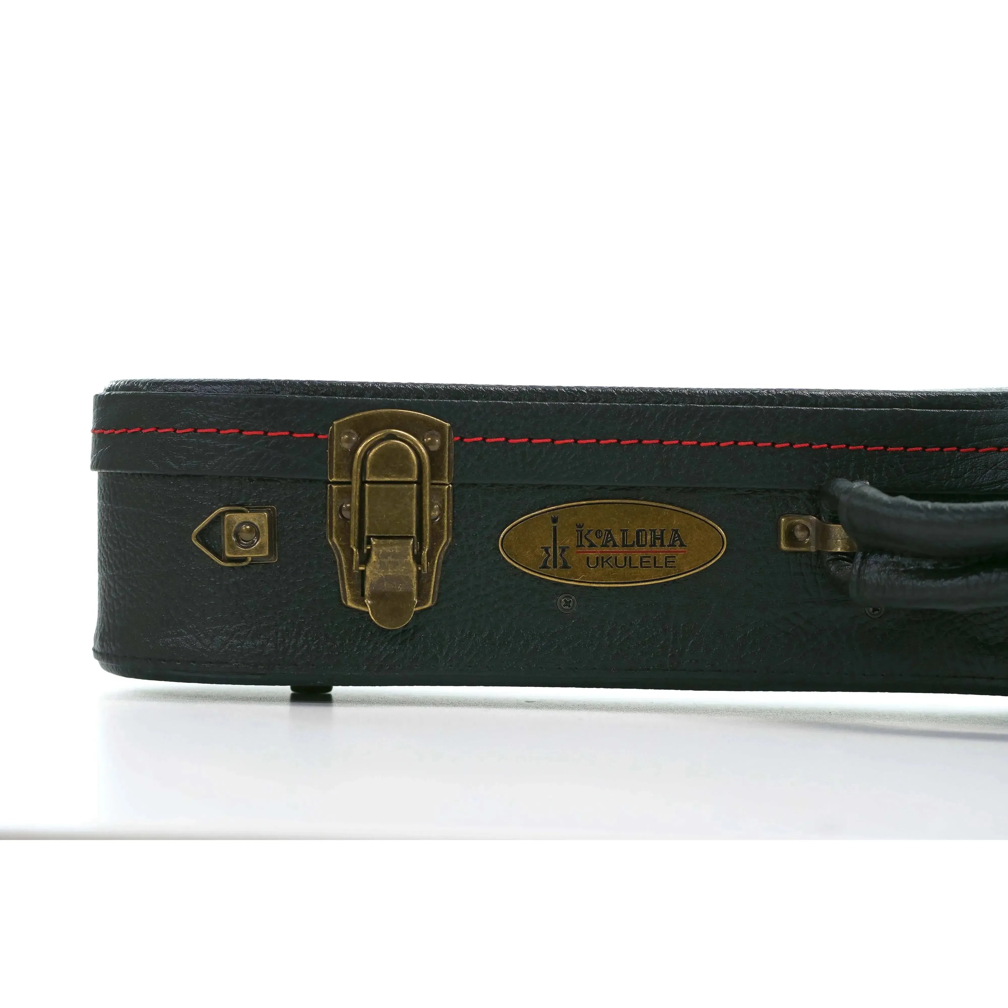 KoAloha black tolex hardshell soprano pineapple longneck ukulele case with vintage brass latch and logo.
