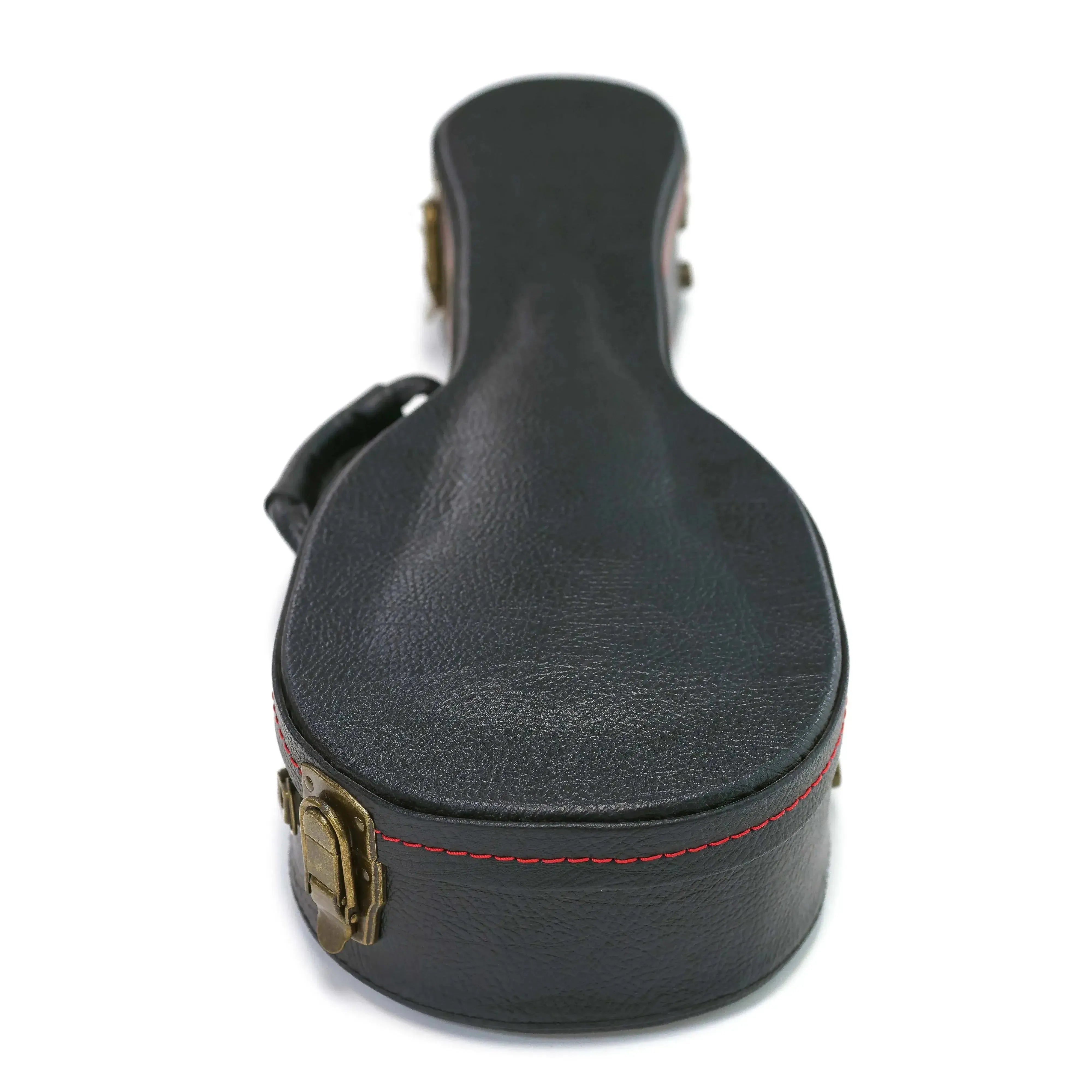 KoAloha black tolex hardshell soprano pineapple longneck ukulele case with vintage aged brass latches and red stitching.
