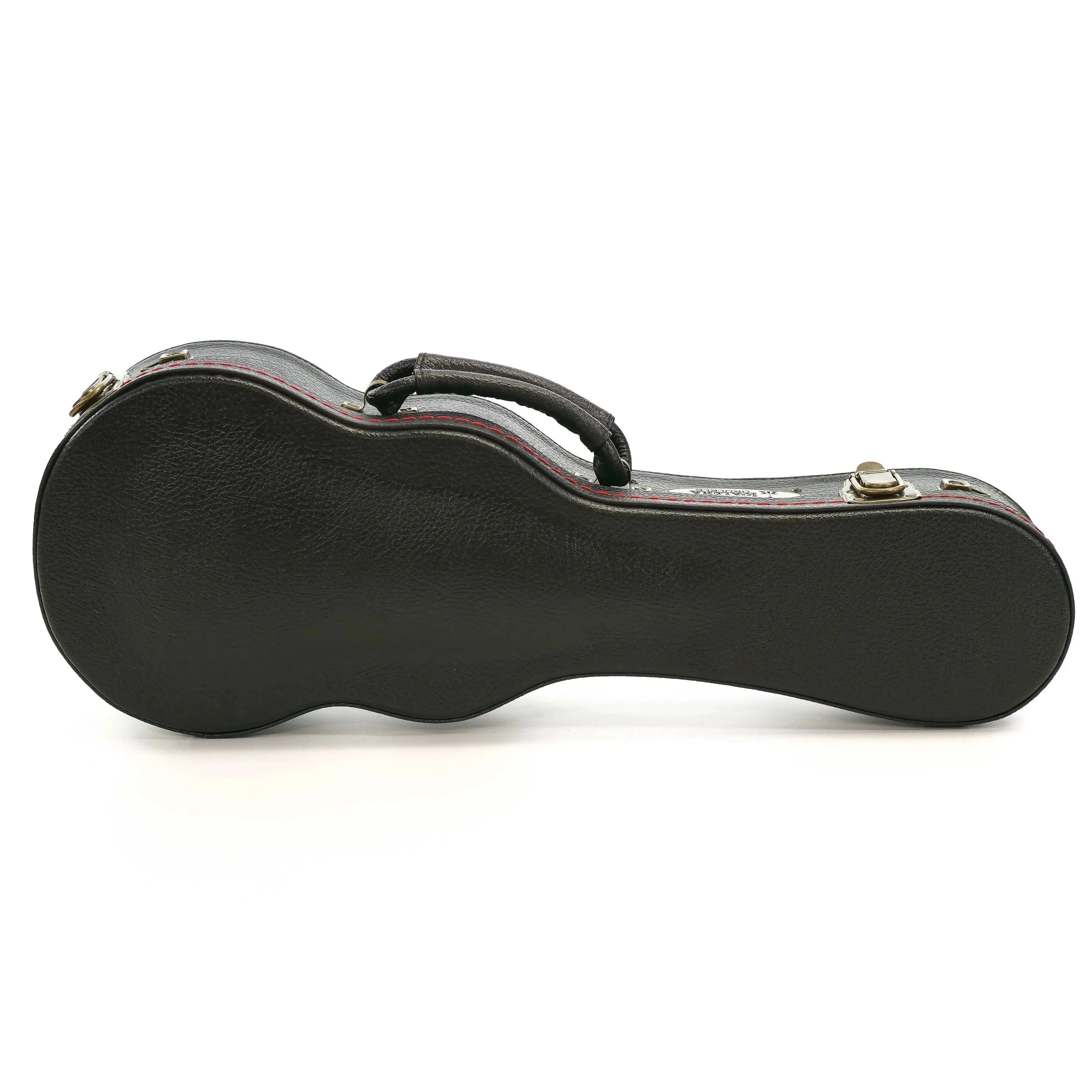KoAloha black tolex wood archtop soprano ukulele hardshell case with vintage brass latches and red stitching.