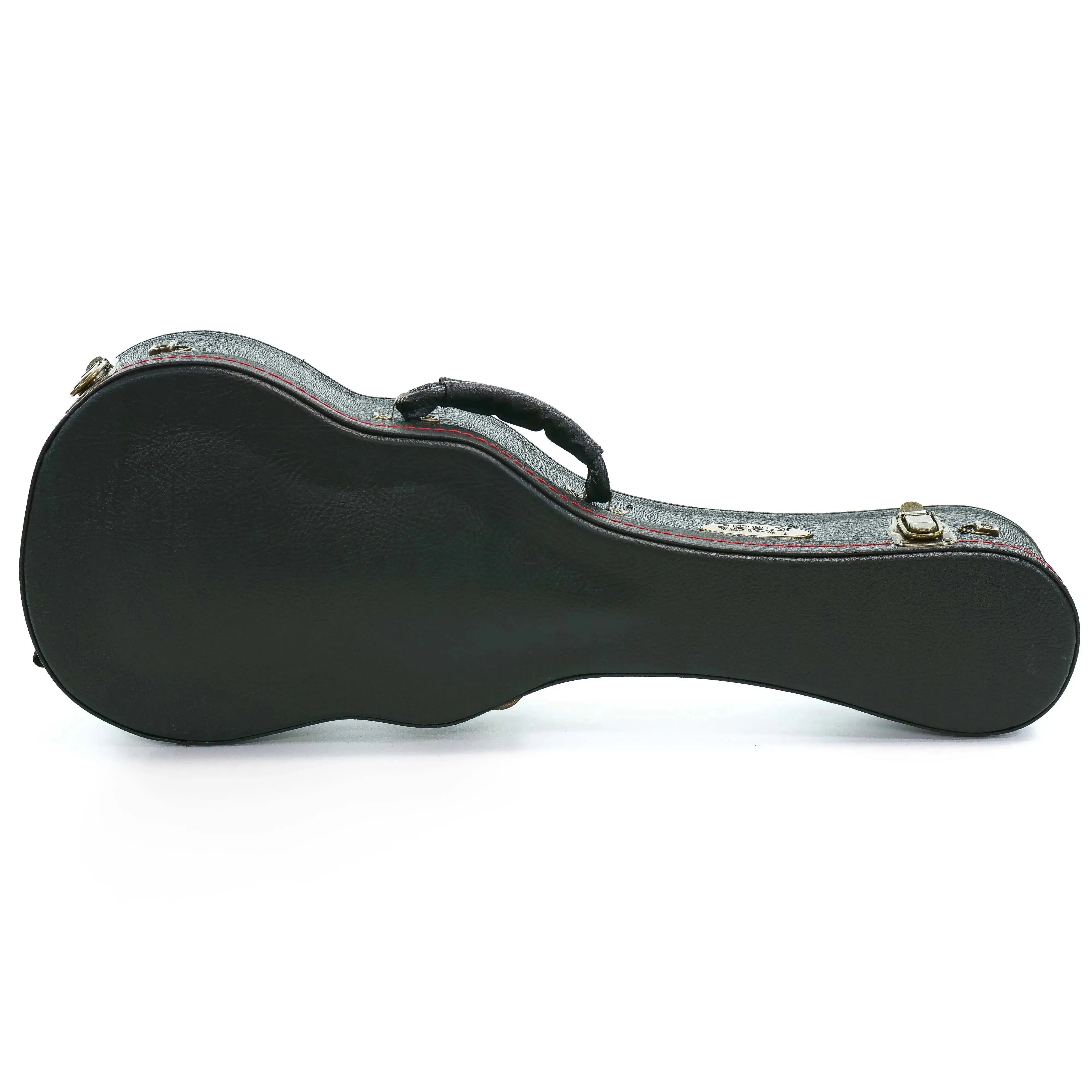 KoAloha black tolex archtop tenor ukulele hardshell case with vintage brass latches and leather handle.