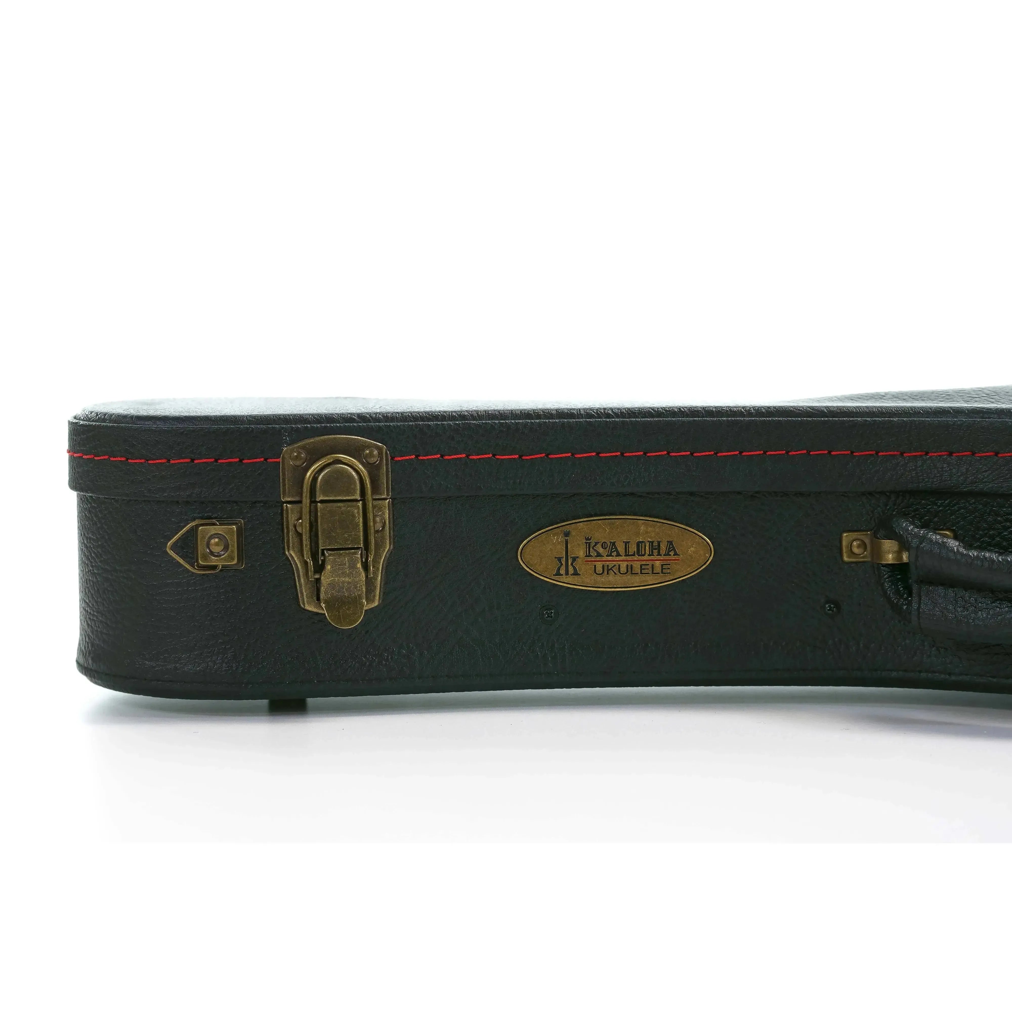 KoAloha black tolex tenor ukulele hardshell case with vintage brass latch, red stitching, and KoAloha logo.