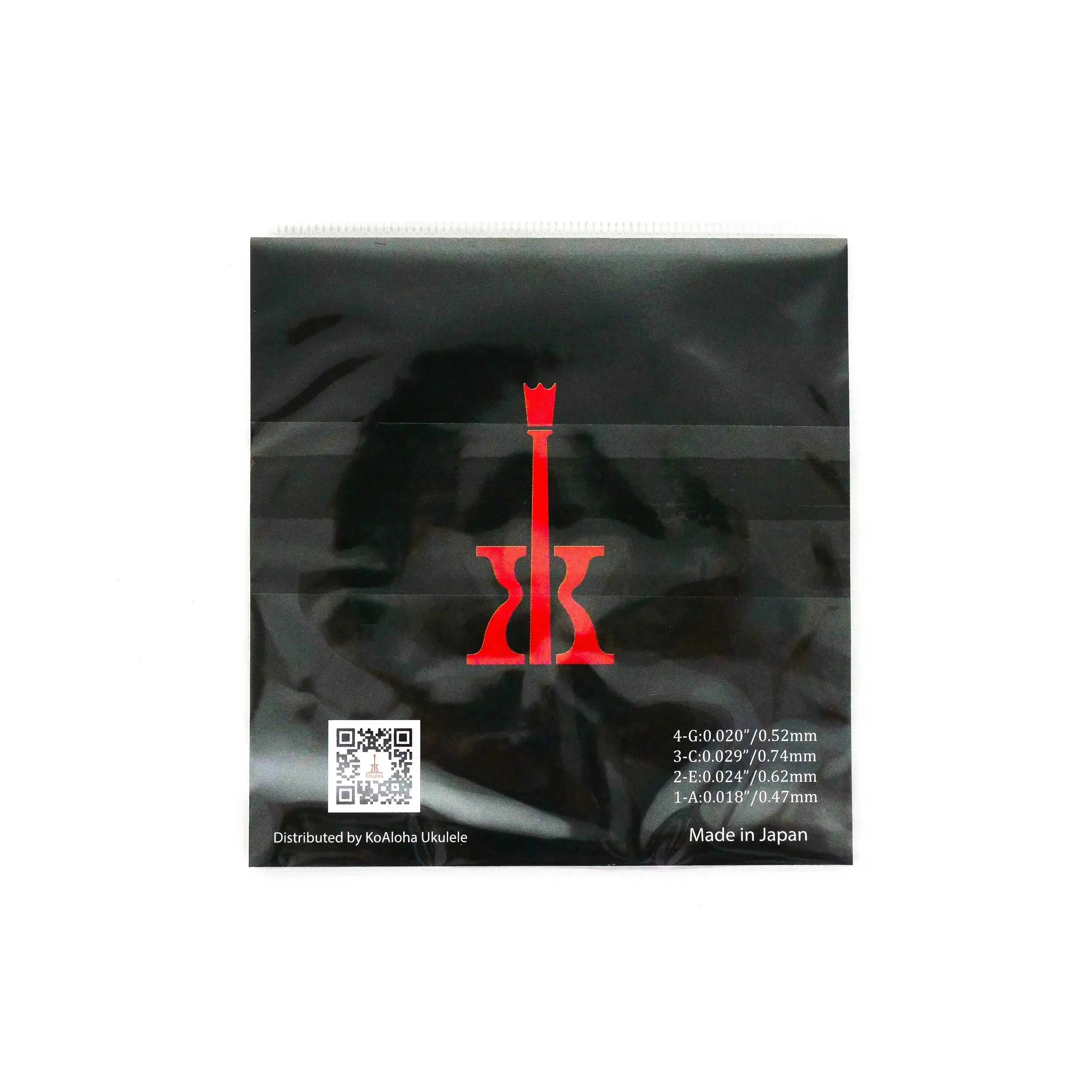 KoAloha Clear Fluorocarbon Ukulele Strings packaging with red logo, specifications, and "Made in Japan.