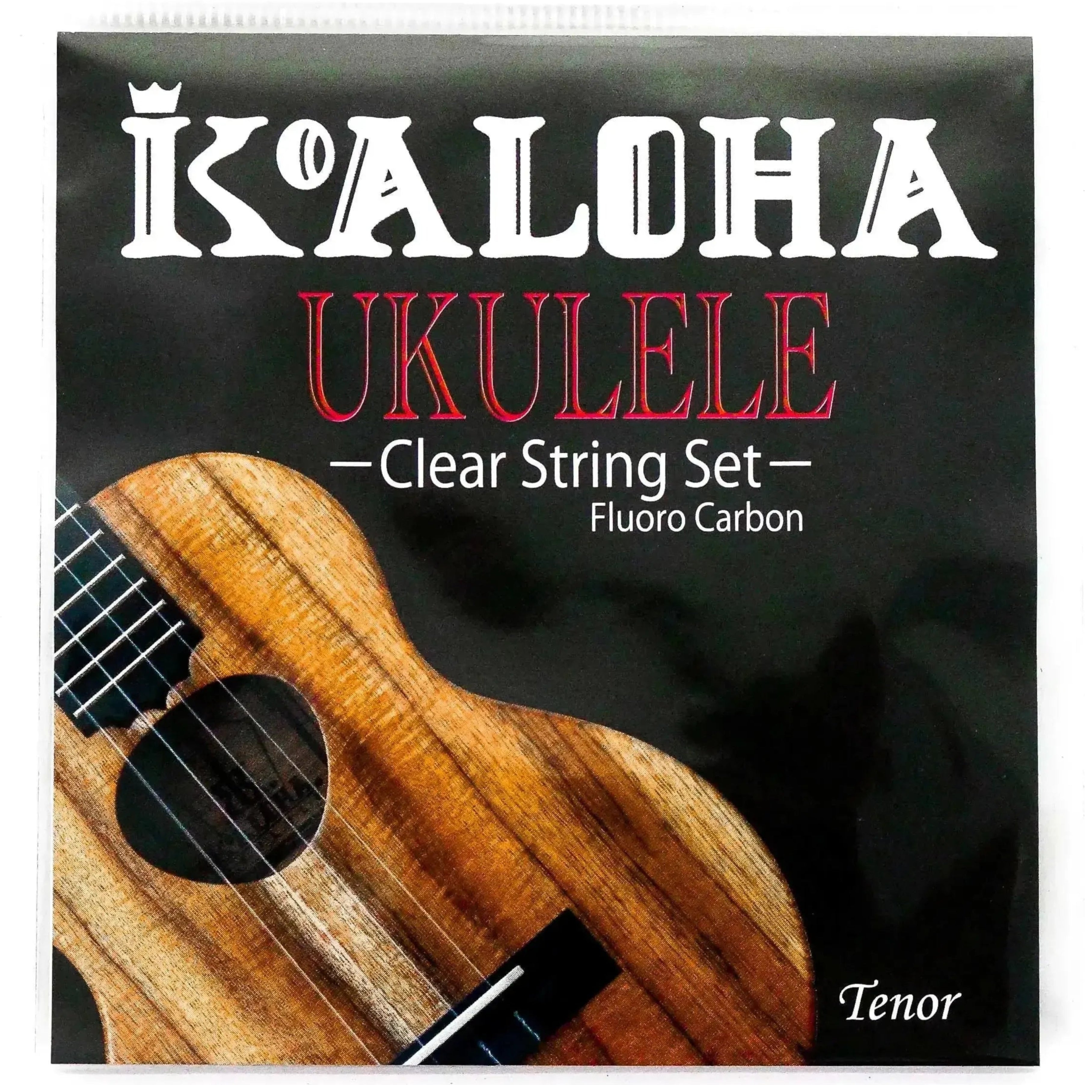 KoAloha Clear Fluorocarbon Tenor Ukulele Strings, Low G, in black and white packaging with ukulele graphic.