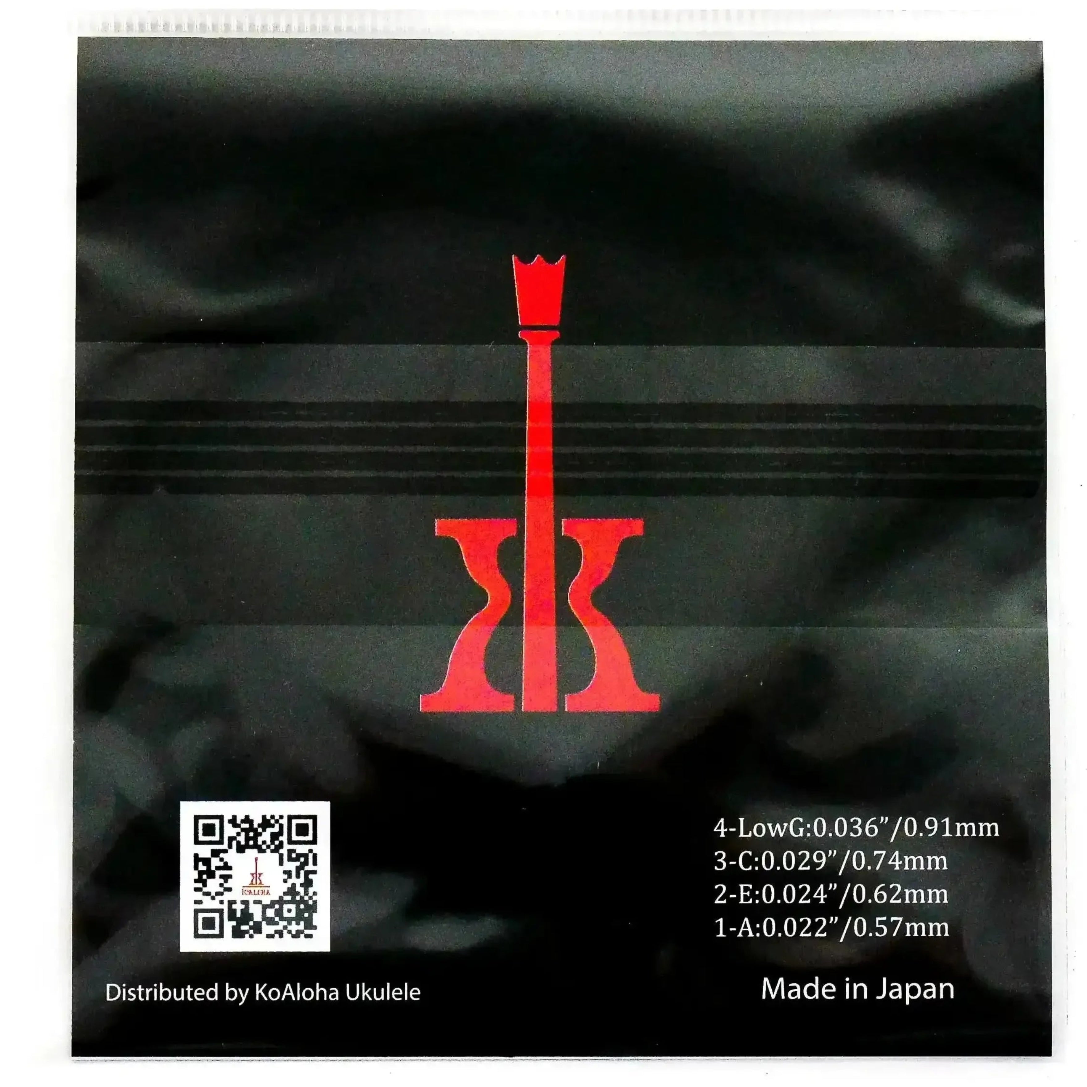 KoAloha clear fluorocarbon tenor ukulele strings, low G, in black packaging with red logo and specifications.