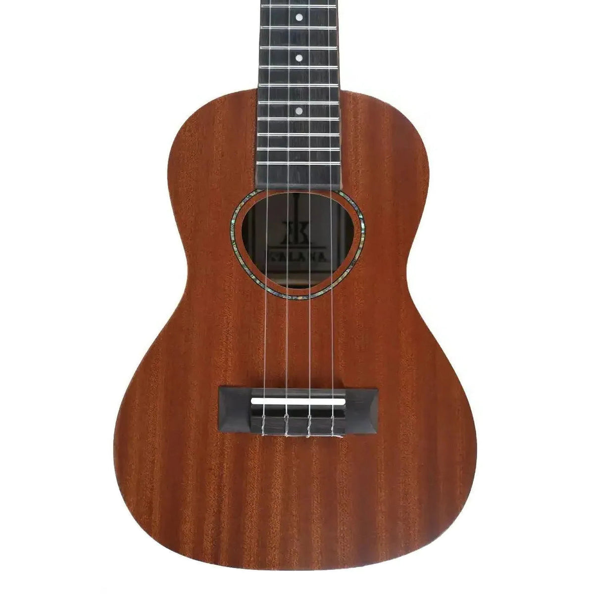 KoAloha KoAlana KCA-10SP concert ukulele, close-up on the Abalone rosette, Musubi soundhole, and sapele top grain.